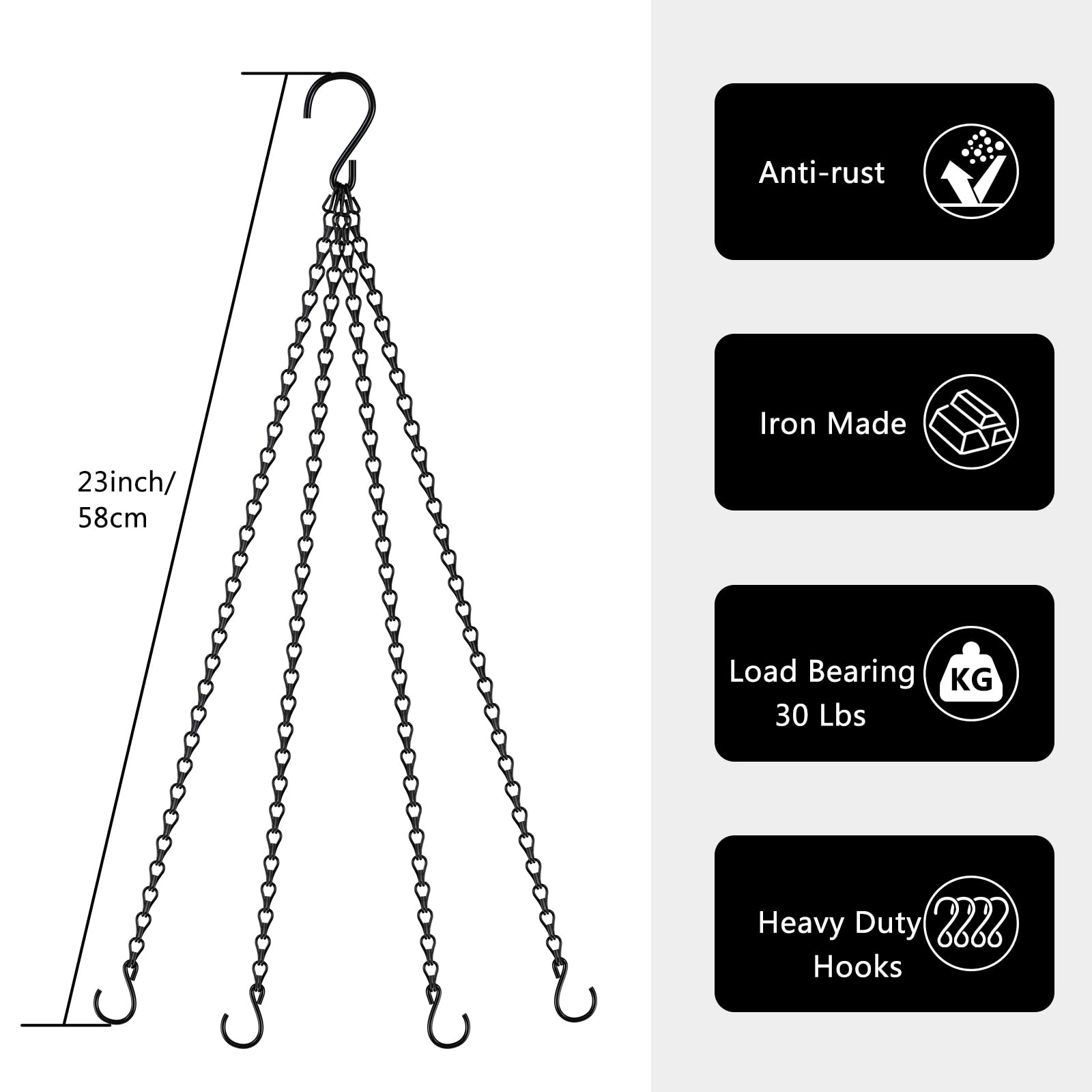 3 Pack 23 Inch Heavy Duty Hanging Basket Chains with Hooks - Black Plant Hangers for Flower Pots, Bird Feeders, Lanterns - Perfect for Indoor/Outdoor Garden Decor, Patio & Balcony Plant Display