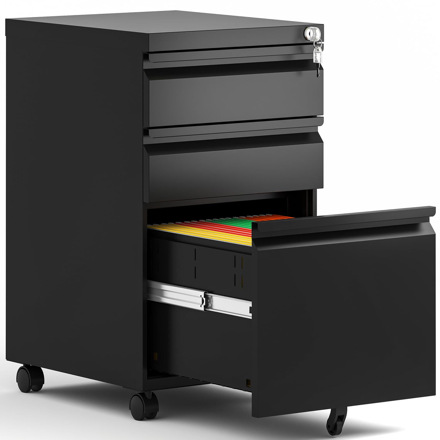 3 Drawer Mobile File Cabinet with Lock & Wheels - Metal Under Desk Rolling Storage for Legal/Letter Hanging Folders - Fully Assembled Black Home Office Organizer for Documents, Files & Supplies (Perfect for Small Spaces & Shared Workspaces)
