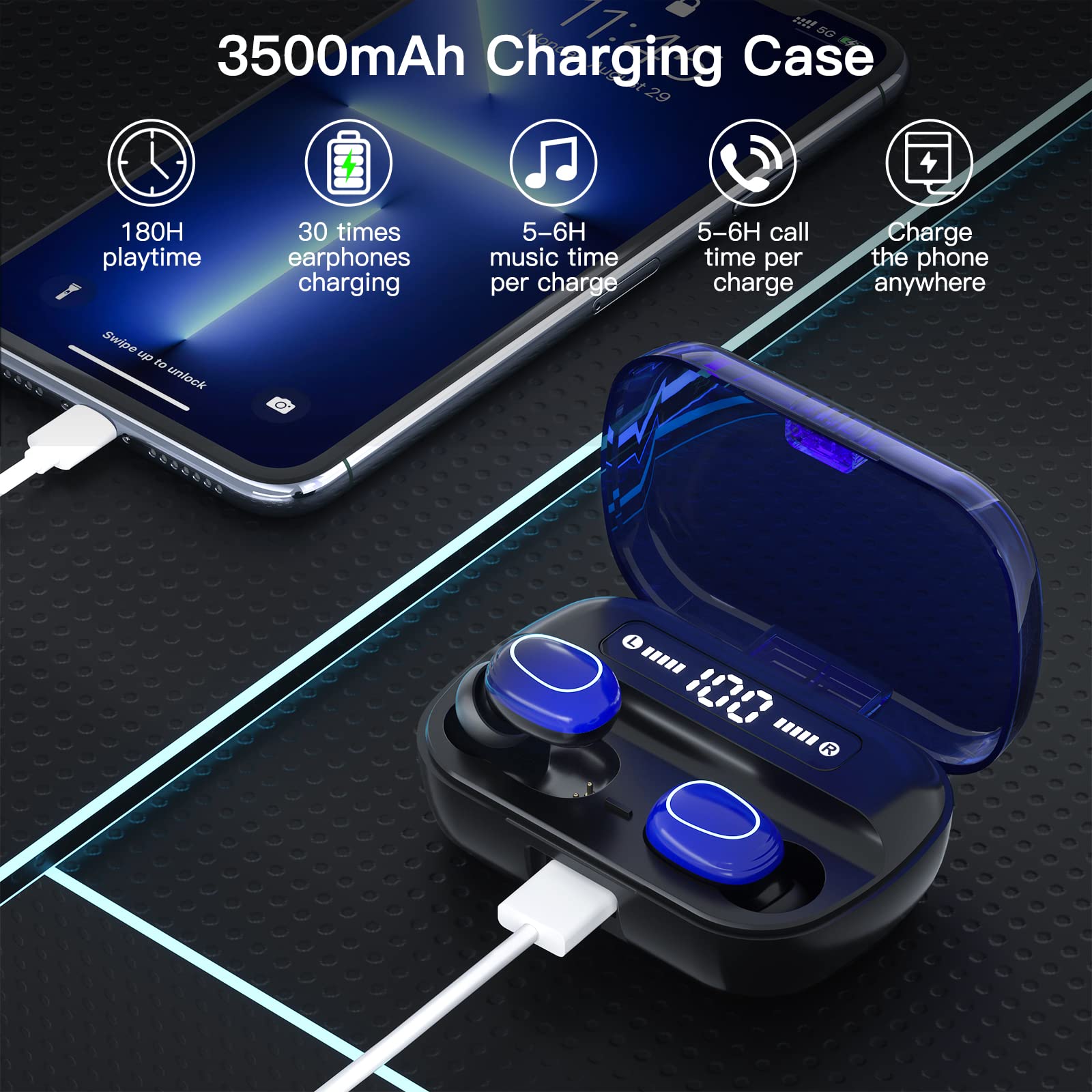 GOSCIEN Wireless Earbuds Bluetooth 5.2 with Noise Cancellation, IPX7 Waterproof Sport Earphones with Charging Case - Immersive Bass Sound for Running, Gym Workouts & Office Calls (Blue)