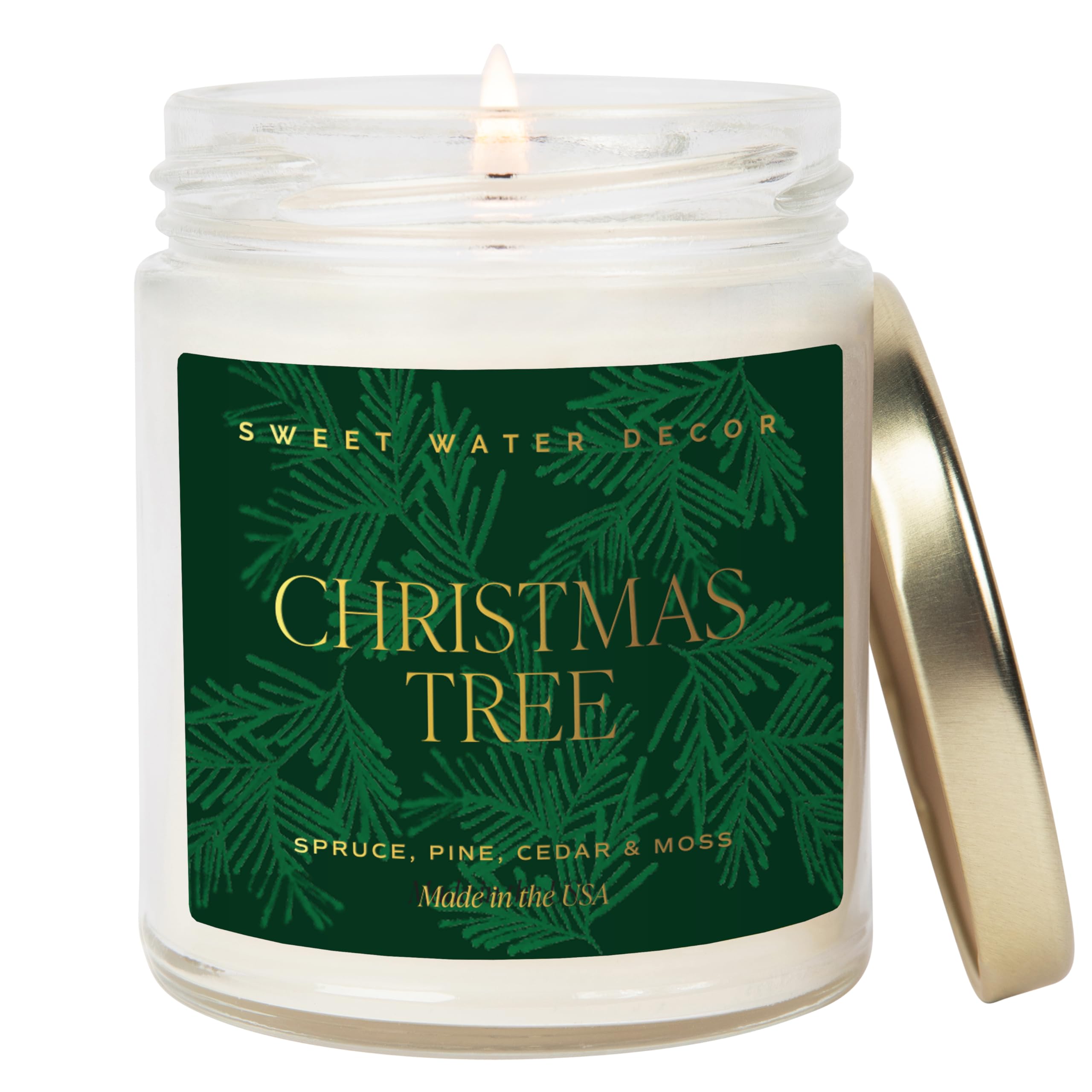 Sweet Water Decor Christmas Tree Scented Soy Candle - Spruce, Pine & Evergreen Aroma in 9oz Clear Jar with Gold Foil | 40-Hour Burn Time | USA-Made | Perfect for Holiday Home Decor, Cozy Winter Evenings & Festive Gift Giving