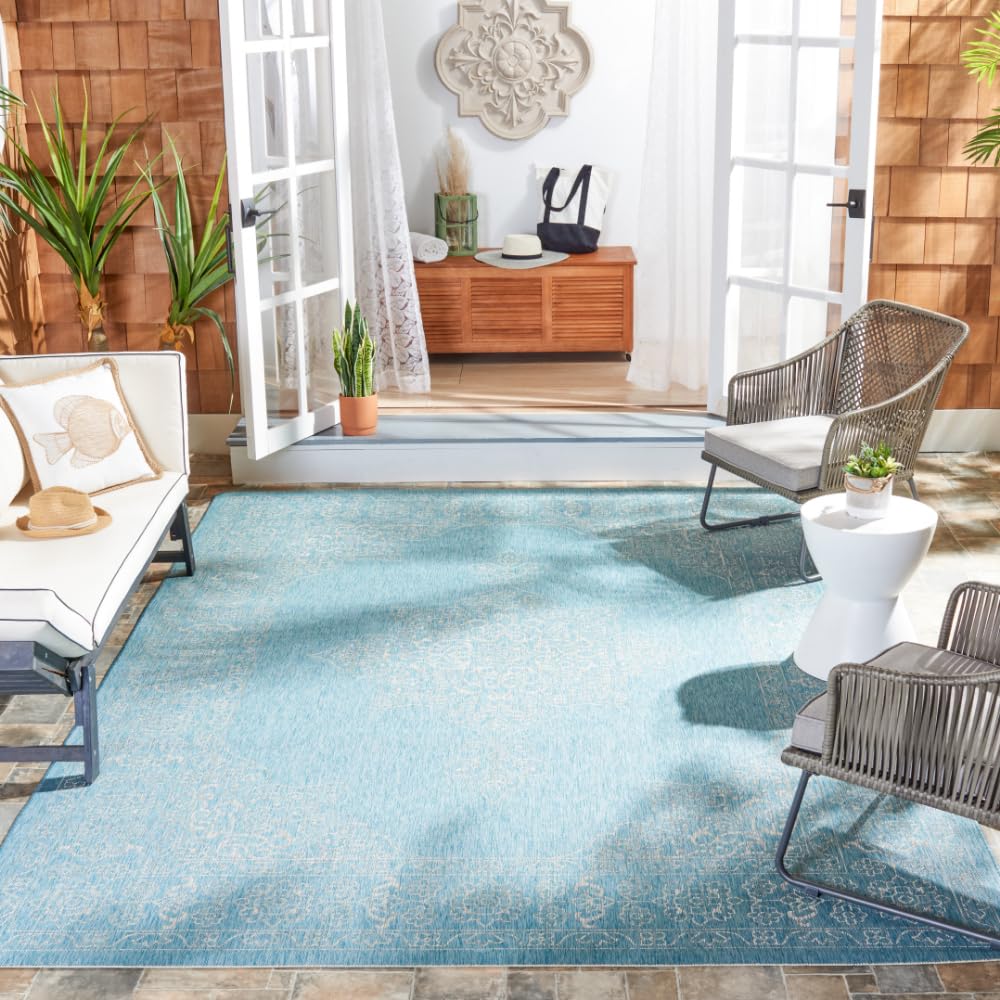 SAFAVIEH Courtyard Collection 8' x 11' Aqua Grey Indoor Outdoor Waterproof Rug - Easy Clean, Stain Resistant Area Rug for Patio, Backyard, Mudroom, Deck & Poolside (CY8232)