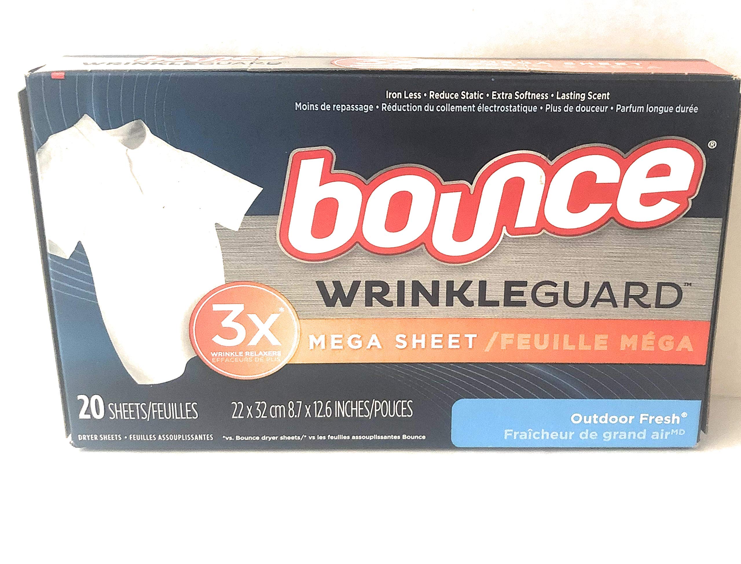Bounce Wrinkle Guard Dryer Sheets - Outdoor Fresh Scent - Extra Large Mega Sheets - 20 Count Box (1 Pack) | Eliminates Static & Wrinkles | Perfect for Laundry, Travel & Gym Clothes