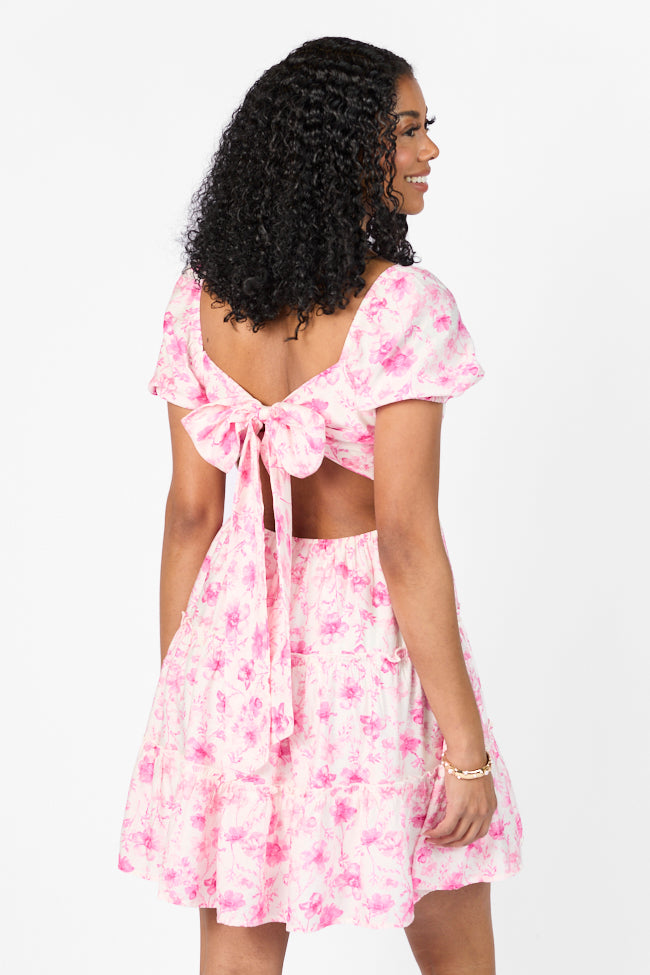 Elegant Pink Floral Dress with Back Bow Detail - Women's Party & Wedding Guest Dress - Perfect for Spring Events, Date Nights & Special Occasions