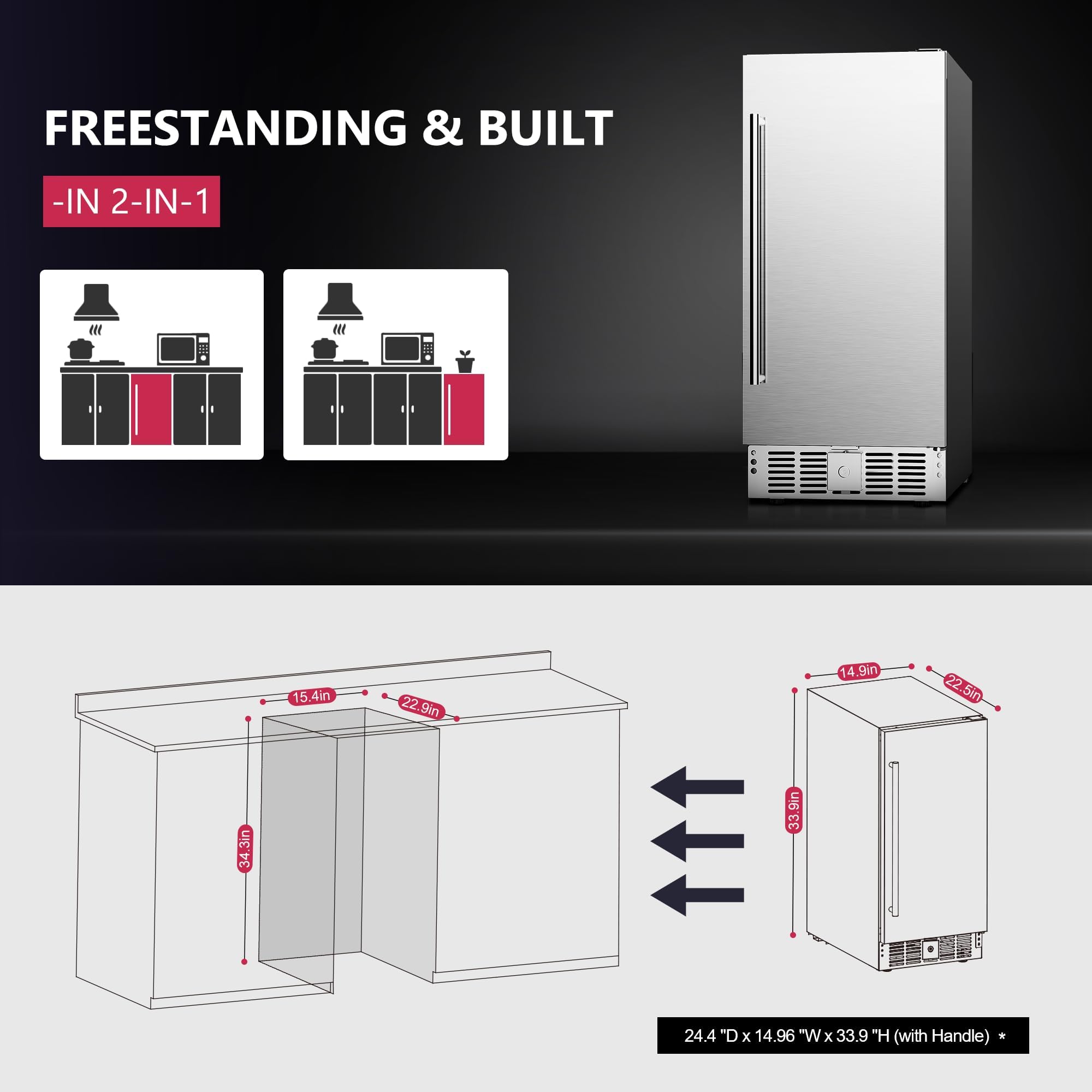 15 Inch Built-In Under Counter Beverage Cooler - 127 Can Capacity Mini Fridge with Removable Glass Shelves for Beer, Soda, Wine & Water Storage - Perfect for Home Bars, Offices, and Entertainment Spaces