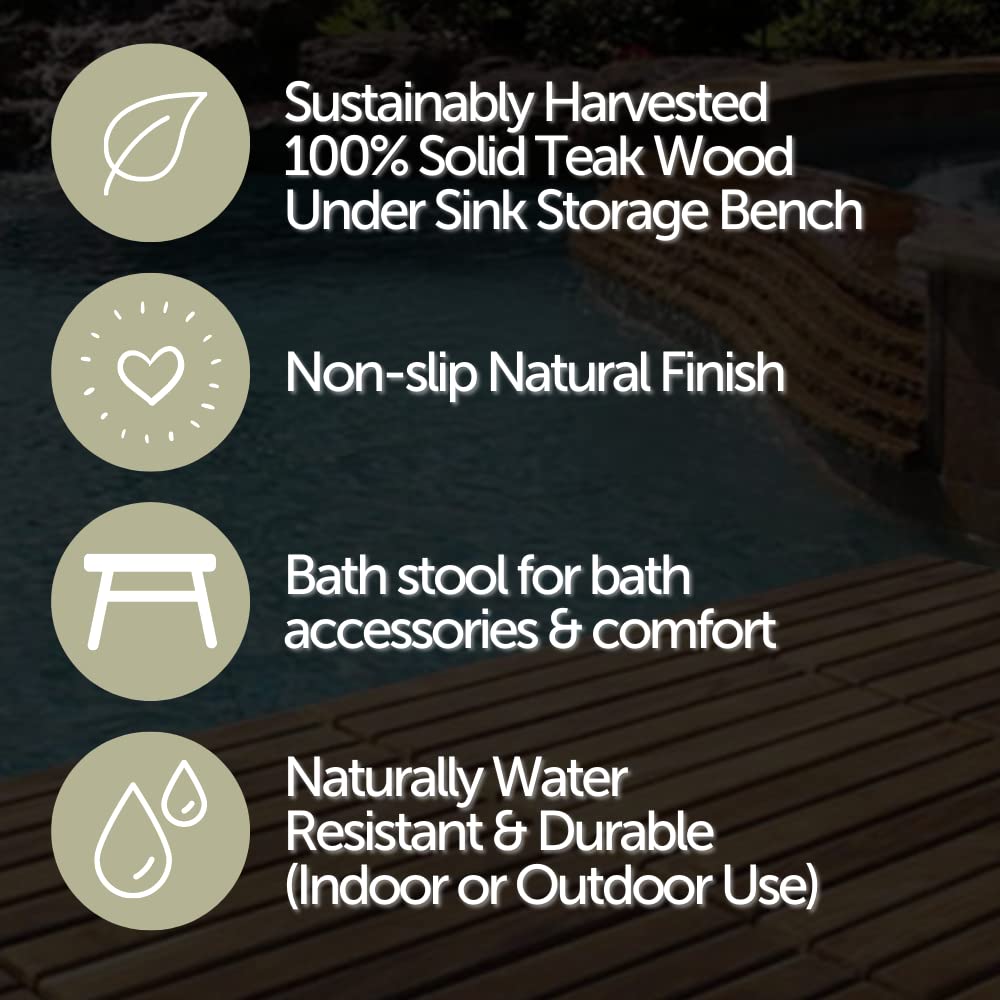 Premium Nordic Style Teak Wood Shower Stool & Spa Bench with Storage Shelf | Indoor/Outdoor Waterproof Teakwood Bath Seat | Natural Finish 35