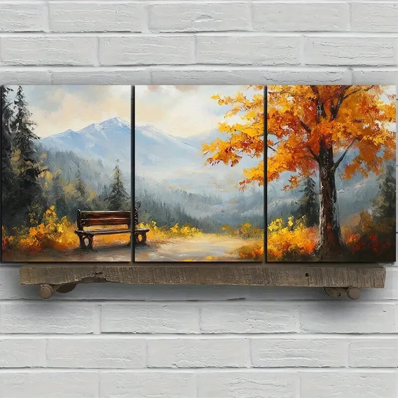3-Piece Autumn Leaves Metal Wall Art Print Set - Ready to Hang Bench Scene Decor for Living Room, Bedroom & Office