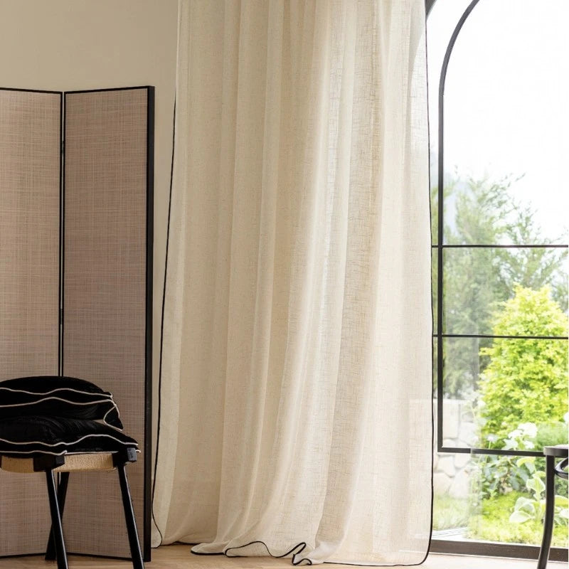 Kalani Linen Semi-Sheer Custom Curtains with Black Trim - Elegant Window Treatments for Living Room, Bedroom & Dining Room