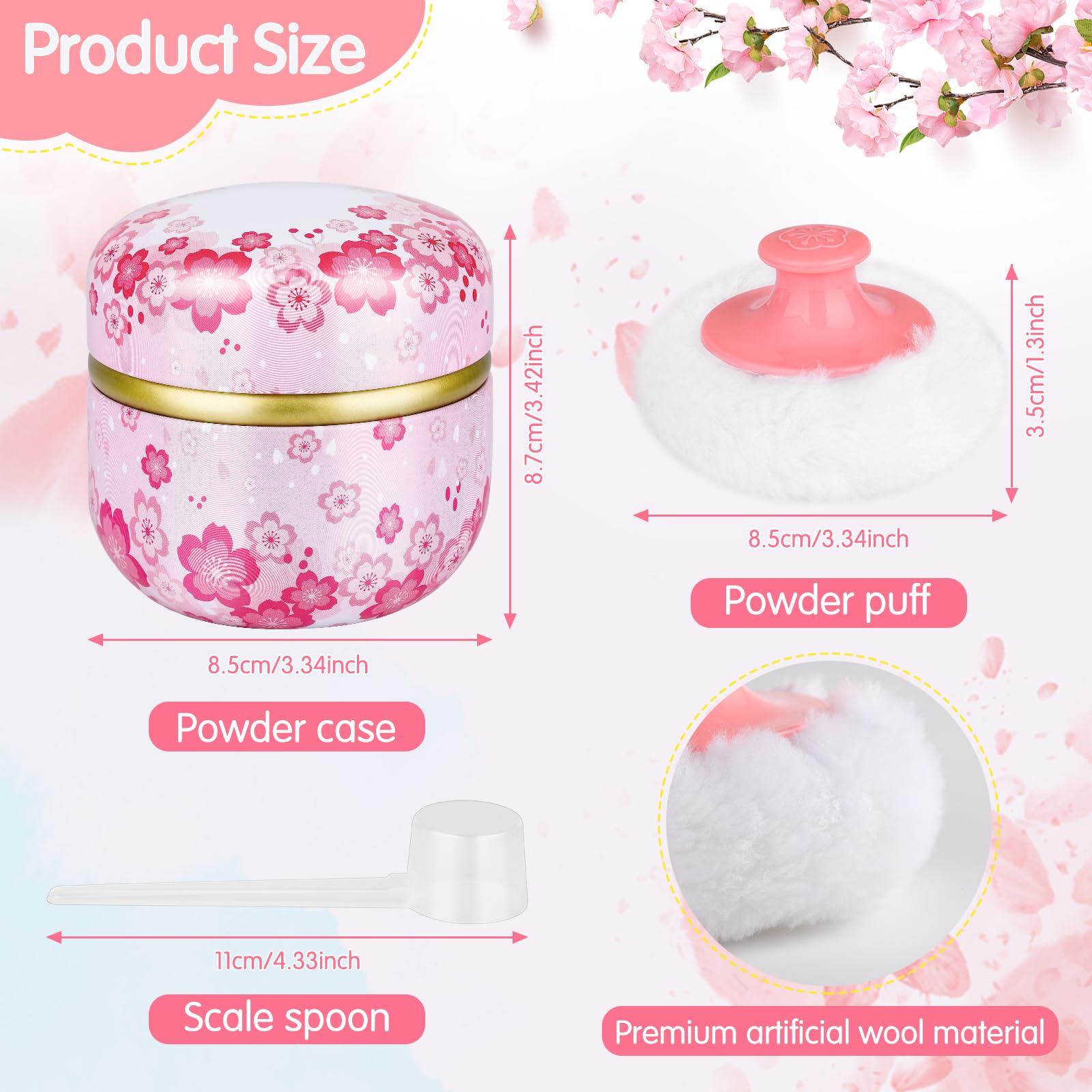 3-Piece Body Powder Puff Set with Floral Container - Large Plush Powder Puff & Spoon - Loose Dusting Powder Box for Women & Babies (Pink, Blue, Yellow) - Perfect for Home, Travel & Nursery Care