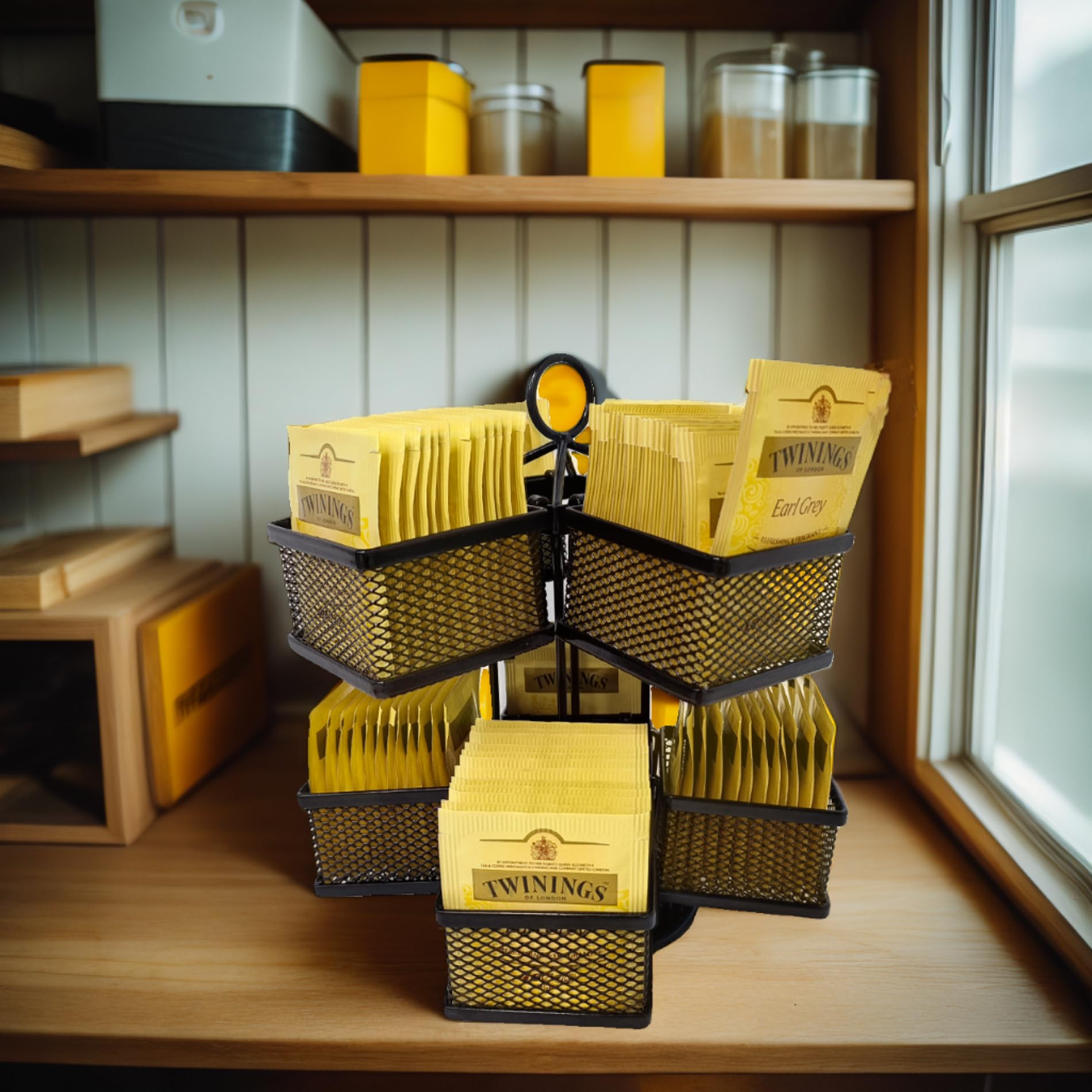 Rotating Tea Bag Organizer & Coffee Pod Holder - Adjustable Spinning Carousel Storage Basket for Kitchen Countertop, Cabinet, Pantry | Perfect for Organizing Tea Bags, K-Cups, and Coffee Pods in Small Spaces