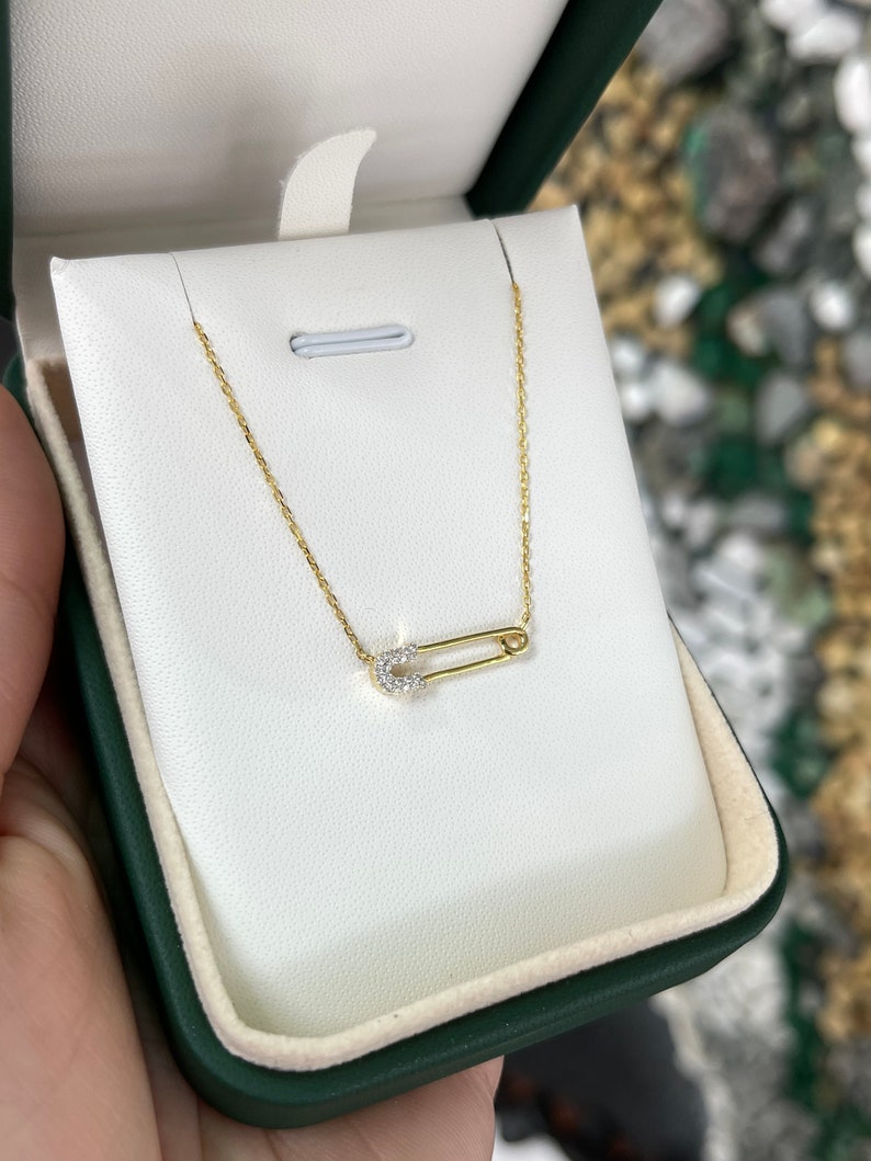 14K Gold Natural Diamond Safety Pin Necklace for Women - Elegant Layering Jewelry Gift for Birthday, Anniversary & Everyday Wear