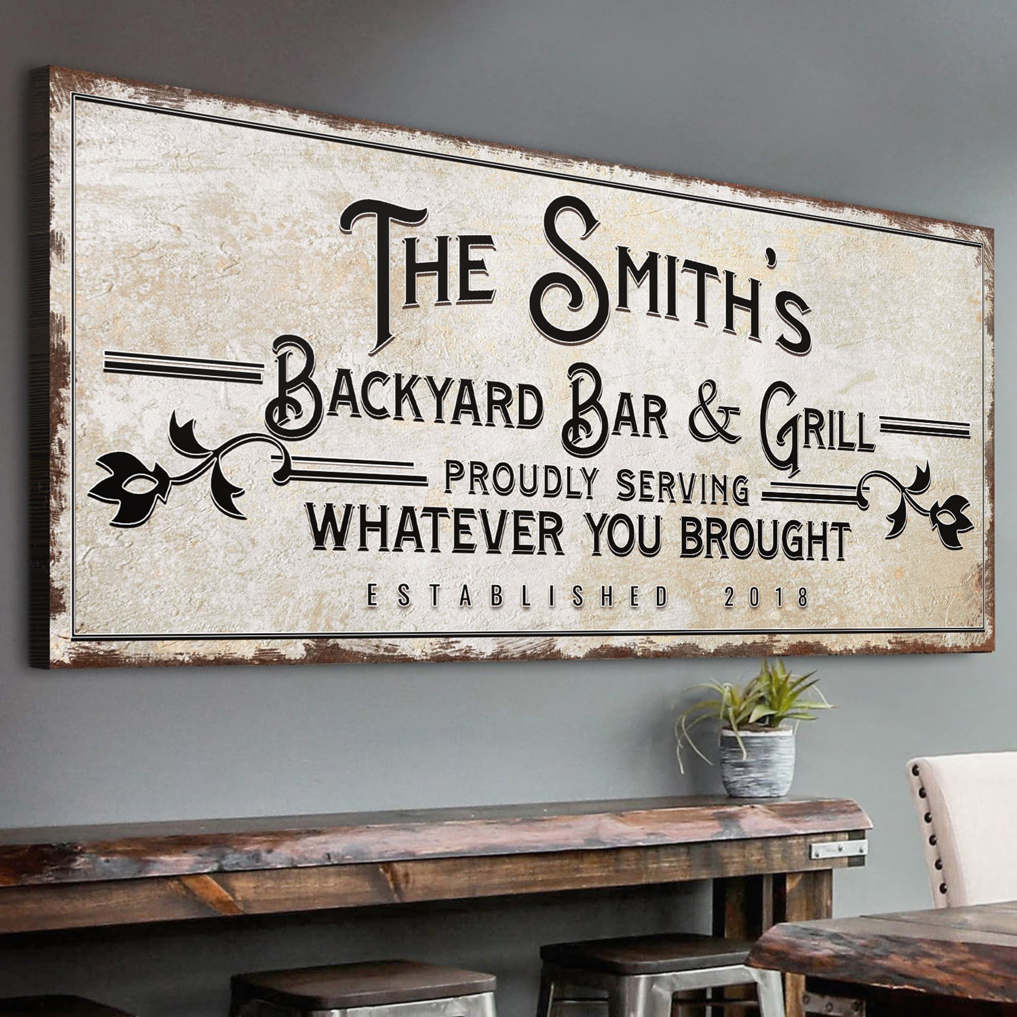 Custom Canvas Bar Sign - Personalized Backyard Bar & Grill Decor - Rustic Flower Wall Art 60x30in - Perfect for Man Cave, Kitchen, Pub & Diner - Great for Parties, Home Decor & Gifts