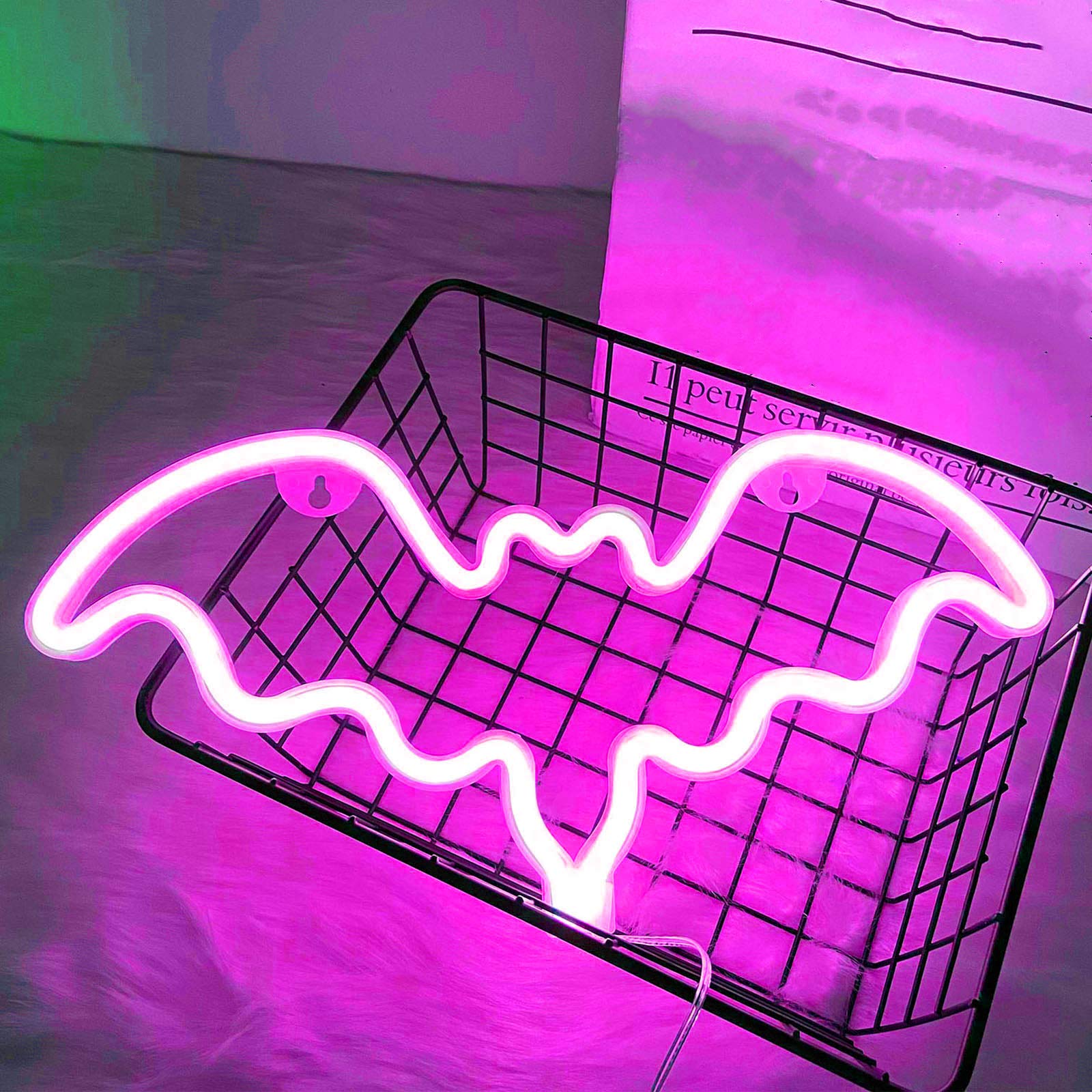 ENUOLI Pink Neon Light Bat Sign - USB/Battery Powered LED Wall Art Decor for Kids Bedroom, Christmas Party & Bar - Unique Night Light for Home, Game Room & Halloween Decorations