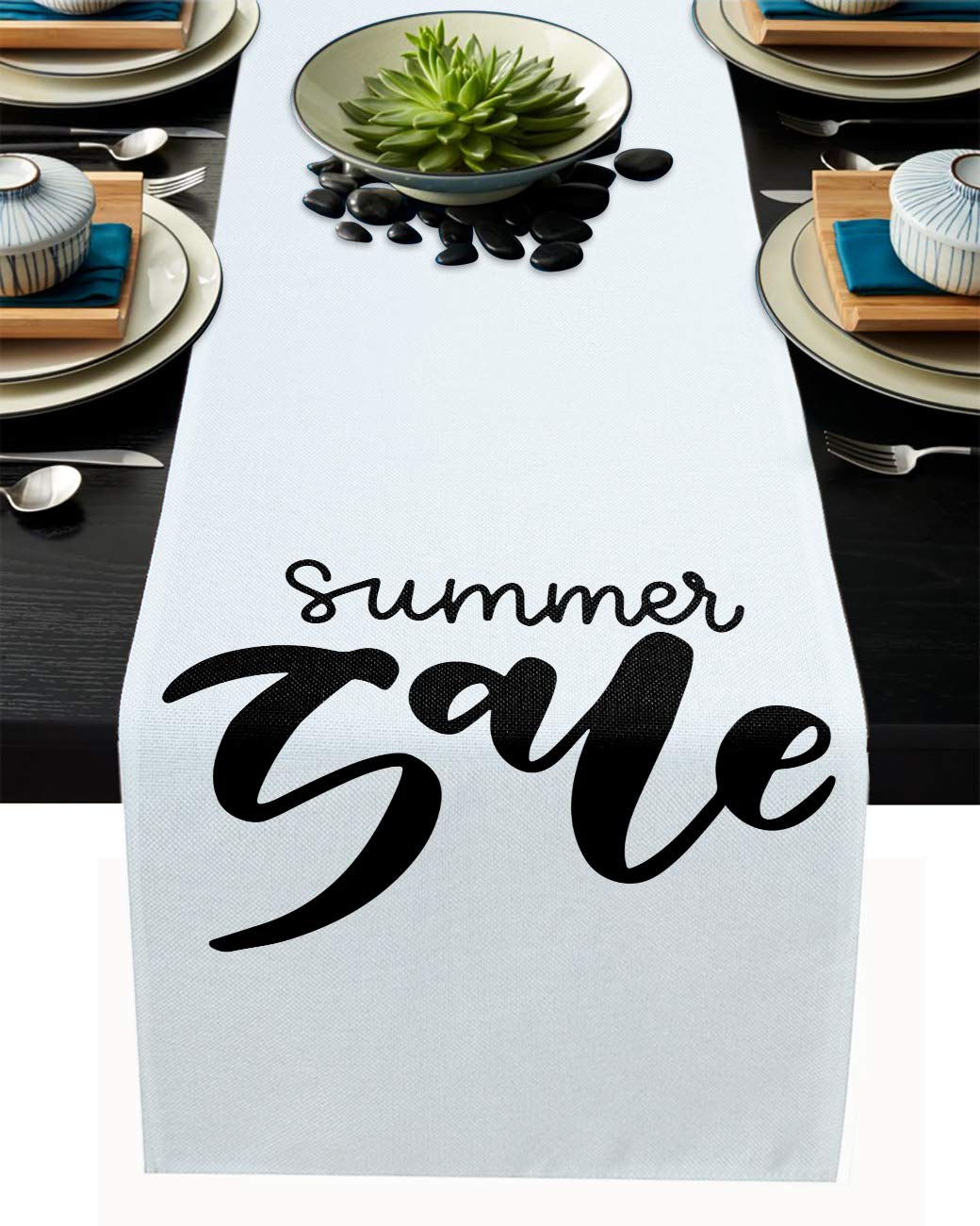 Non-Slip Cotton Linen Table Runner 13x108 Inch - Black & White Dining Table Decoration for Wedding, Coffee Party & Outdoor Events - Summer Sale