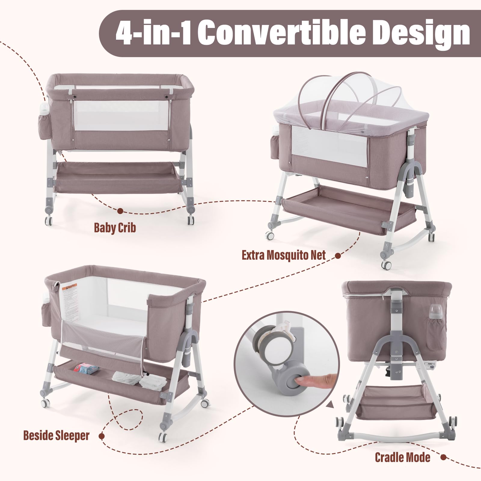 Jaoul 4-in-1 Adjustable Baby Bassinet Bedside Sleeper & Portable Crib with Comfortable Mattress, Mosquito Net & Storage - Ideal for Newborns & Infants - Perfect for Nursery, Bedroom & Travel (Khaki)