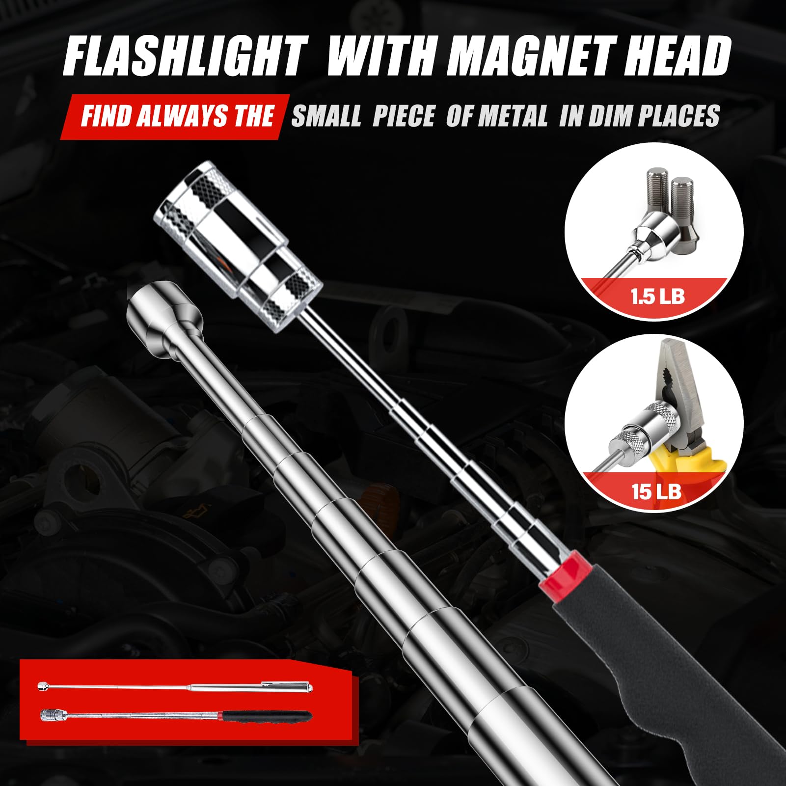 Magnetic Pick Up Tool Set with Telescoping Handle & LED Flashlight - Extendable Magnet Grabber with Inspection Mirror - Perfect Gifts for Men, Women, Dad, Husband - Great for Car Repair, Workshop, Construction & DIY Projects