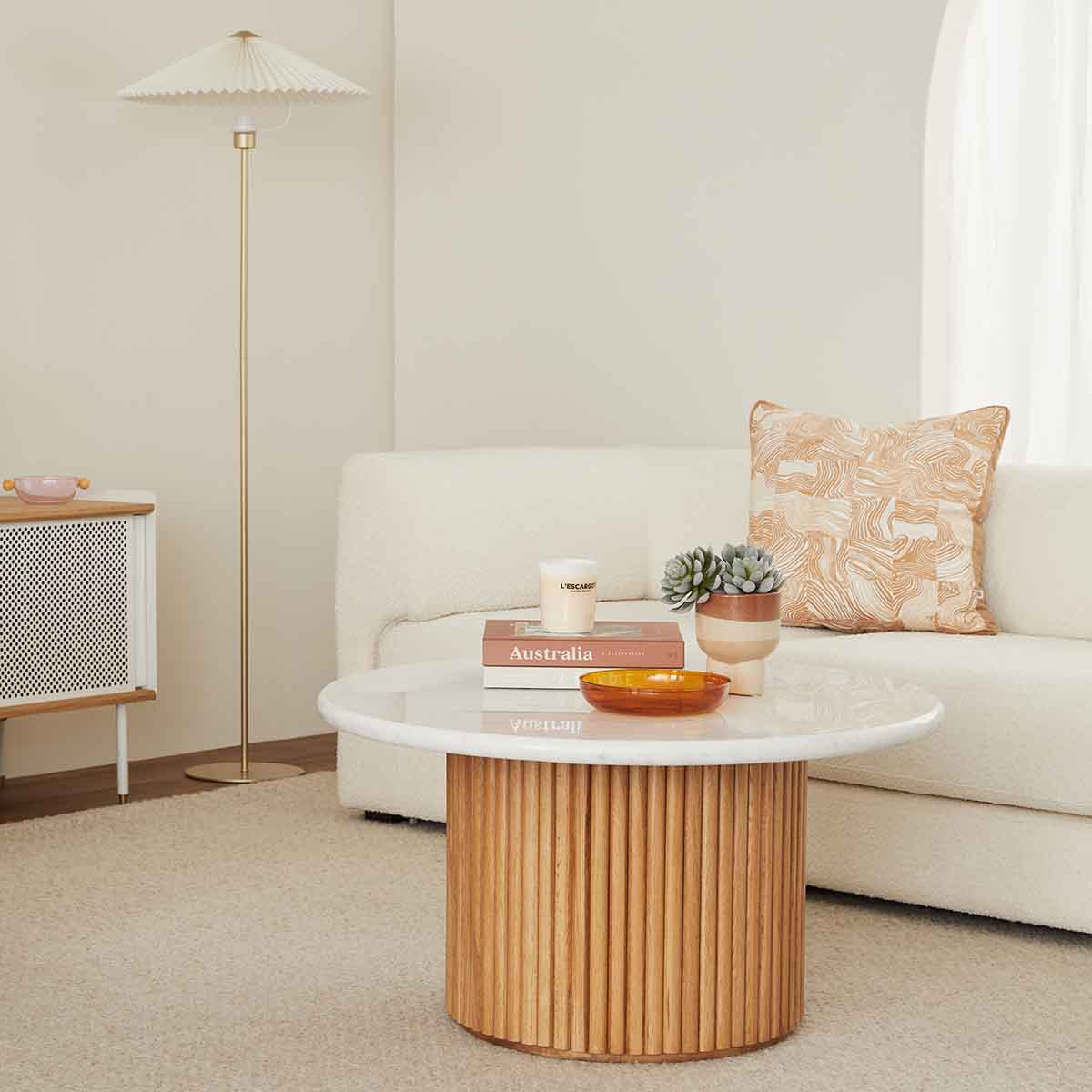 Modern Oak & Carrara Marble Coffee Table - 85cm Round Living Room Centerpiece for Home Decor, Lounge & Office Spaces