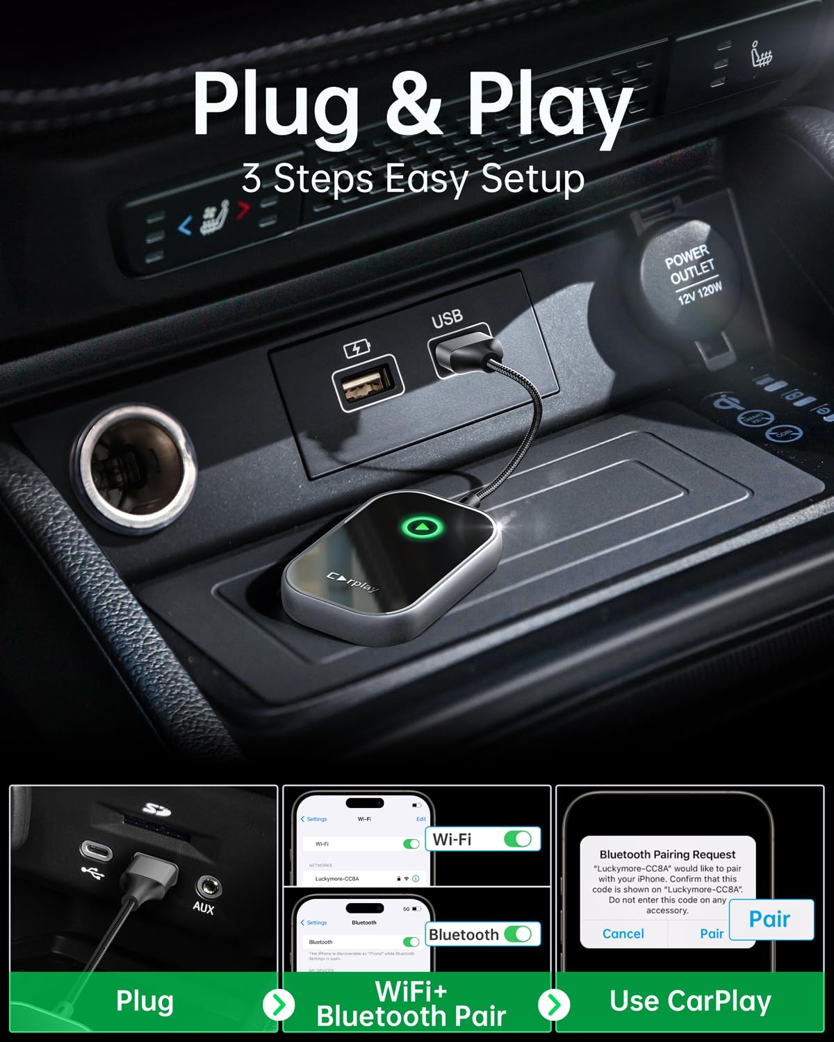 Wireless CarPlay Adapter - Convert Wired to Wireless CarPlay Dongle for iPhone, Plug & Play for Cars 2017+ & iOS 10+ (Gunmetal) | Seamless Music, Maps & Calls While Driving