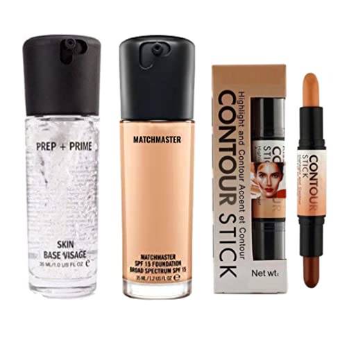 MAC Prep + Prime All Skin Base Visage Primer & Matchmaster Foundation with Accent Contour Stick - Flawless Makeup Base & Full Coverage Foundation for All Skin Types - Perfect for Daily Wear, Special Occasions & Professional Makeup Looks