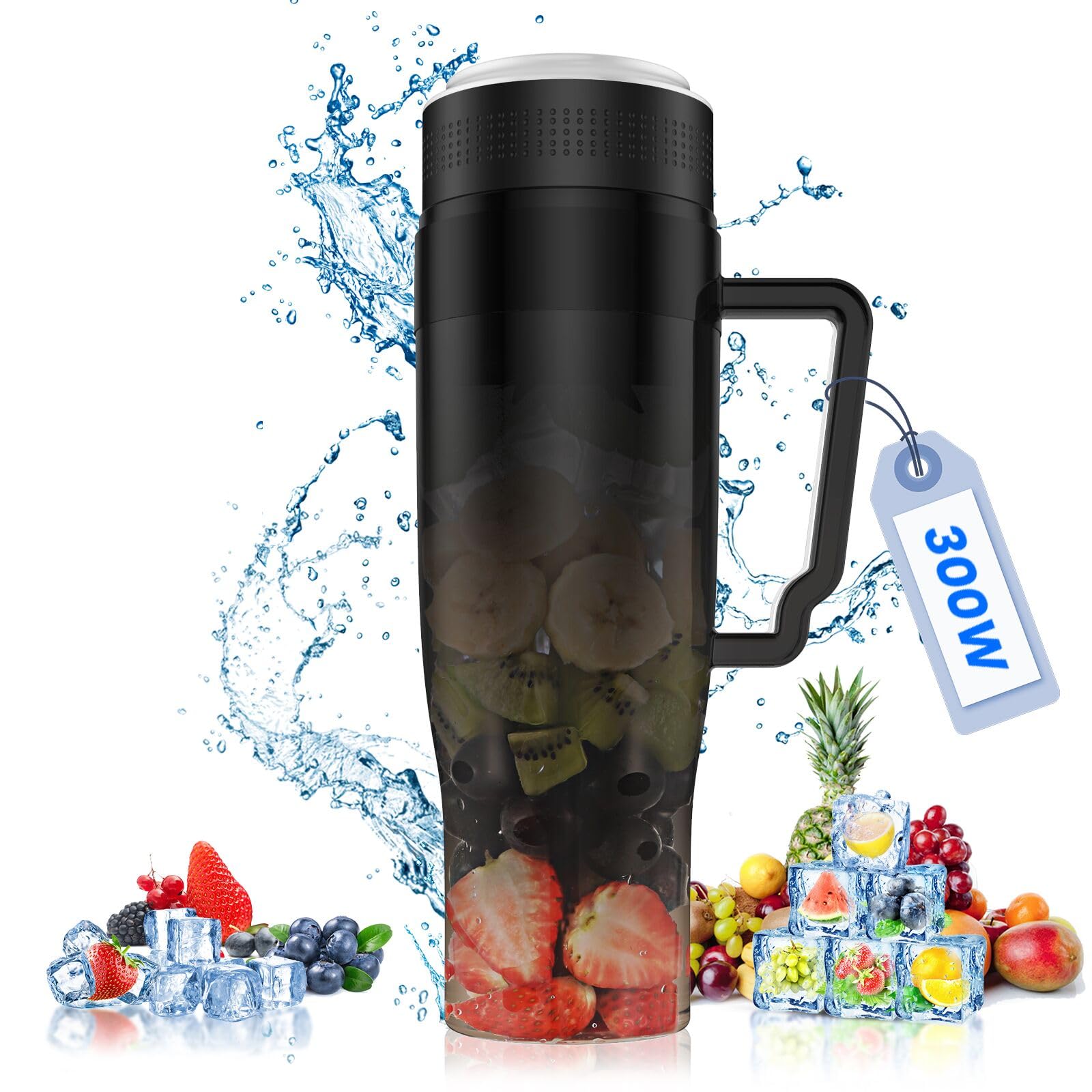 MoKo 300W Portable Blender - 22 oz Personal Blender for Smoothies, Shakes & Juices | BPA-Free 6-Blade Design | USB Rechargeable with Handle & Straw Lid | Perfect for Gym, Office & Travel - Black