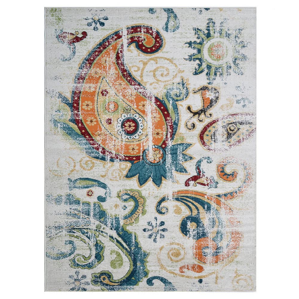 Heatset Polypropylene Machine Made Area Rug 5'x8' Rectangle - Ivory Floral Modern Design Medium Pile for Living Room & Bedroom | Durable & Soft Indoor Carpet for Home Decor (M00048)