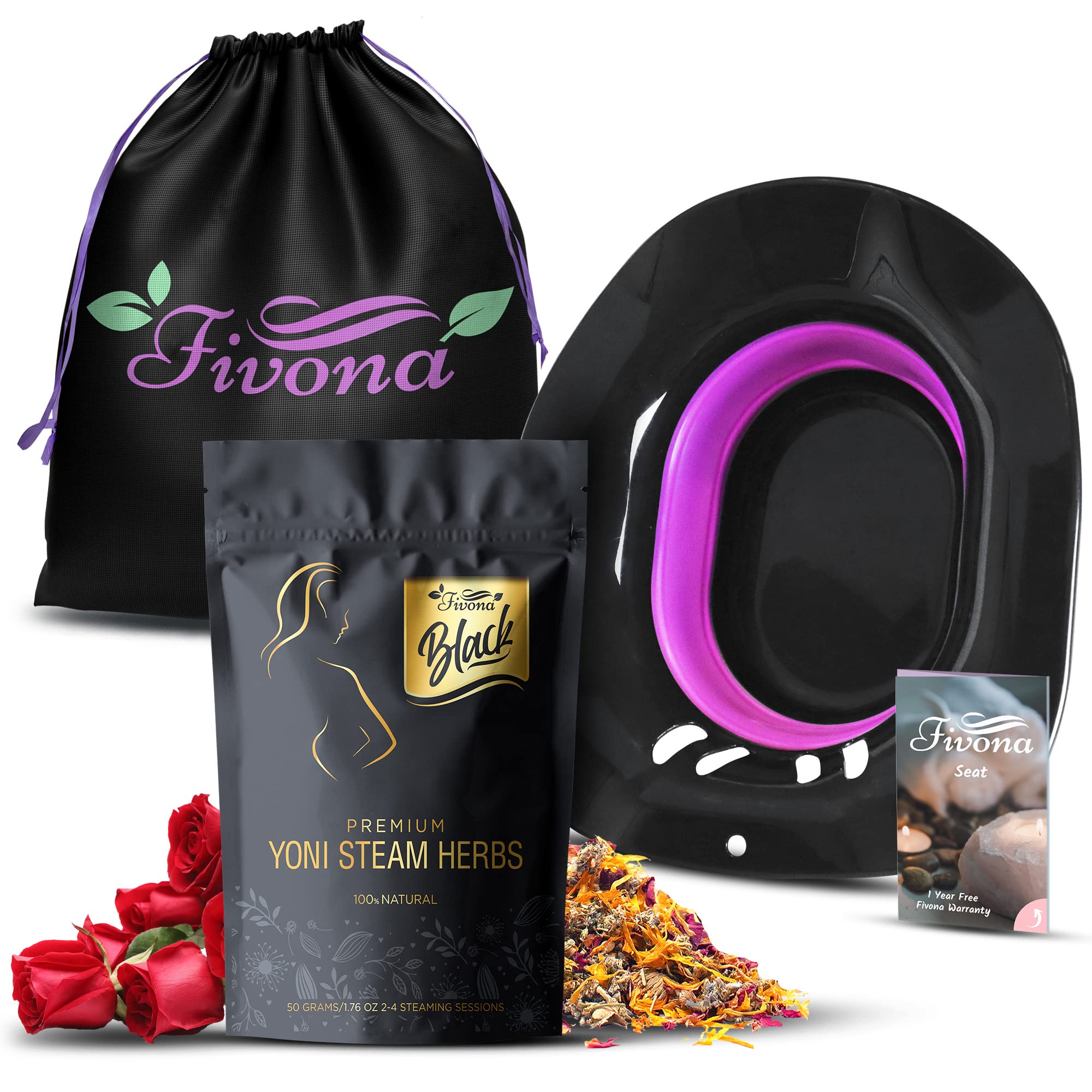 Fivona 3-in-1 Yoni Steam Kit for Women - Foldable Portable Vaginal Steamer Seat with Herbal Blends & Storage Bag - Natural Detox, pH Balance & Relaxation - At-Home V-Spa Treatment for Feminine Care & Wellness (Black)