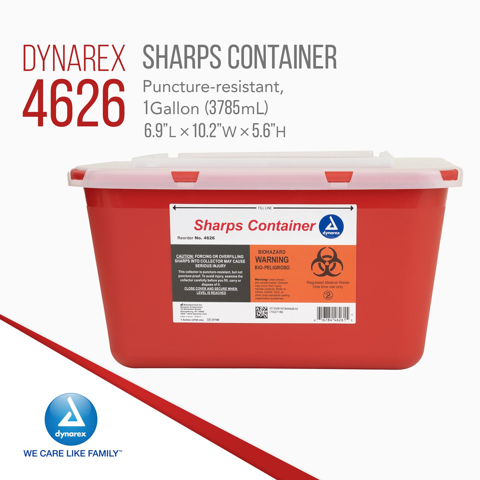Dynarex 4626 1 Gallon Red Sharp Container with Transparent Lid - Safe Medical Waste & Needle Disposal - Non-Sterile, Latex-Free, Thermoplastic - Pack of 24 - Ideal for Hospitals, Clinics & Home Healthcare Use