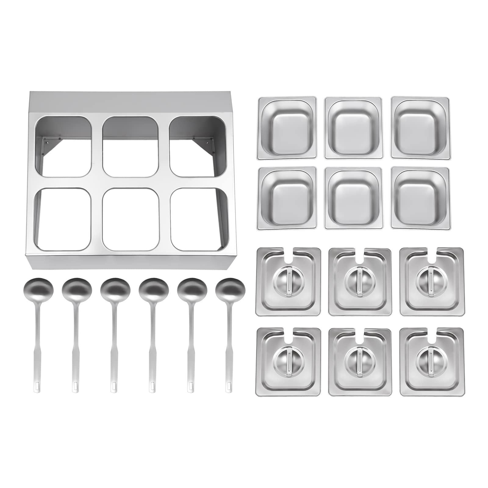 Stainless Steel Spice Rack Shelf with 6 Pans & 6 Ladles - Countertop Organizer for Seasonings, Sauces, Jams, Fruits - Space-Saving Inclined Kitchen Pantry Storage (2 Rows) - Perfect for Home Cooking, Baking & Restaurant Use