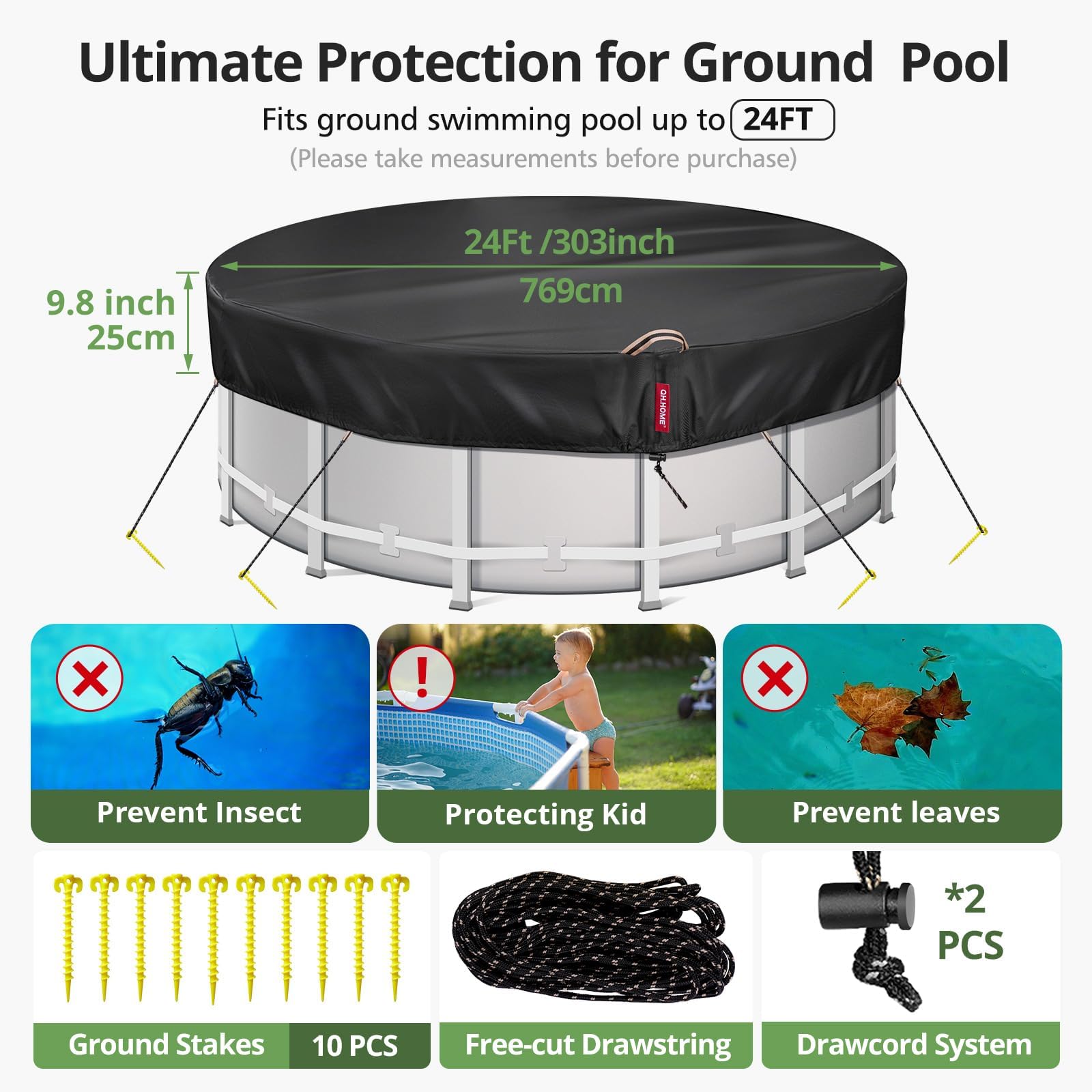 QH.HOME 24Ft Round Winter Pool Cover for Above Ground Pools - Heavy Duty 634N Tear Resistant & 500D Dense Fabric - Solar Swimming Pool Cover with Fade & Wind Protection - Black - Perfect for Winter Protection and Energy Savings