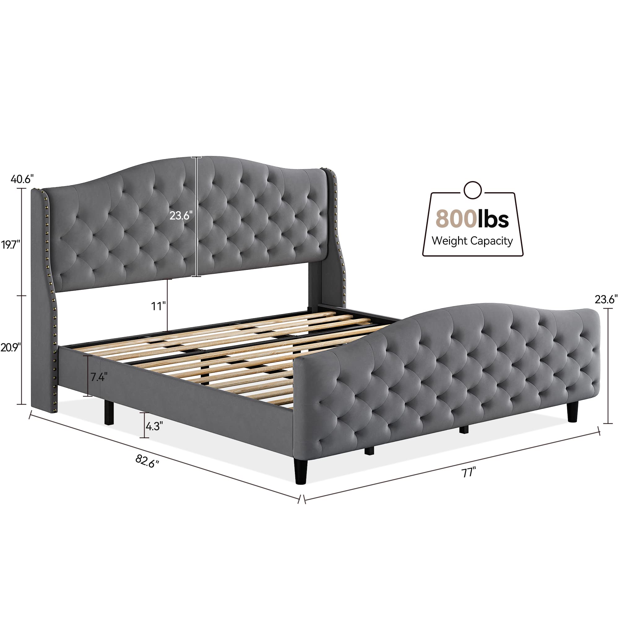 Alkmaar King Size Bed Frame with Upholstered Headboard & Footboard - Velvet Tufted Platform Bed, No Box Spring Required, Easy Assembly, Grey - Perfect for Master Bedroom, Guest Room & Modern Home Decor