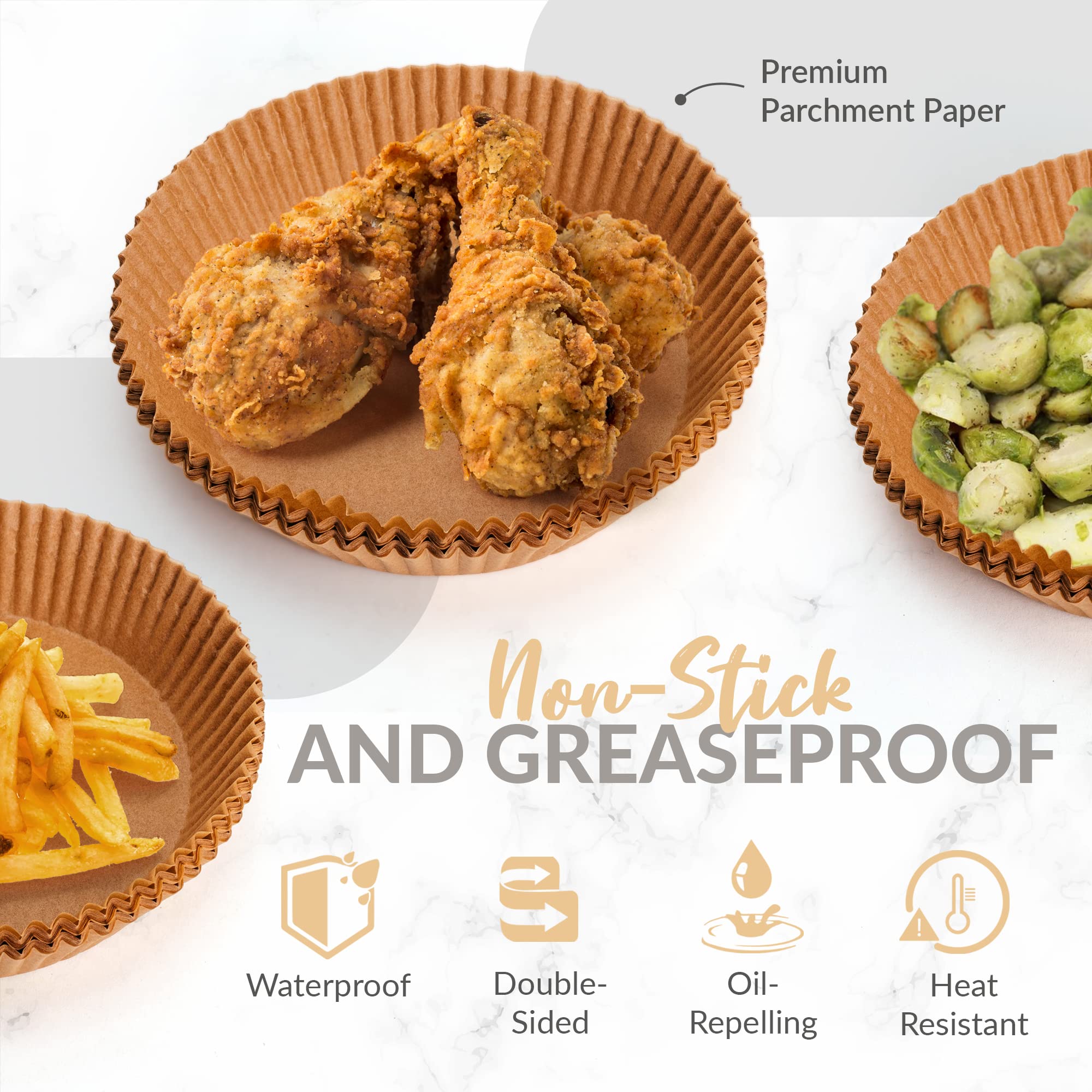 50-Pack Non-Stick Air Fryer Liners - Disposable Round Parchment Paper for Air Fryer Baskets | Greaseproof & Easy Cleanup | Perfect for Philips, Ninja, Cosori & More Air Fryers | Ideal for Cooking Chicken Wings, French Fries & Healthy Meals
