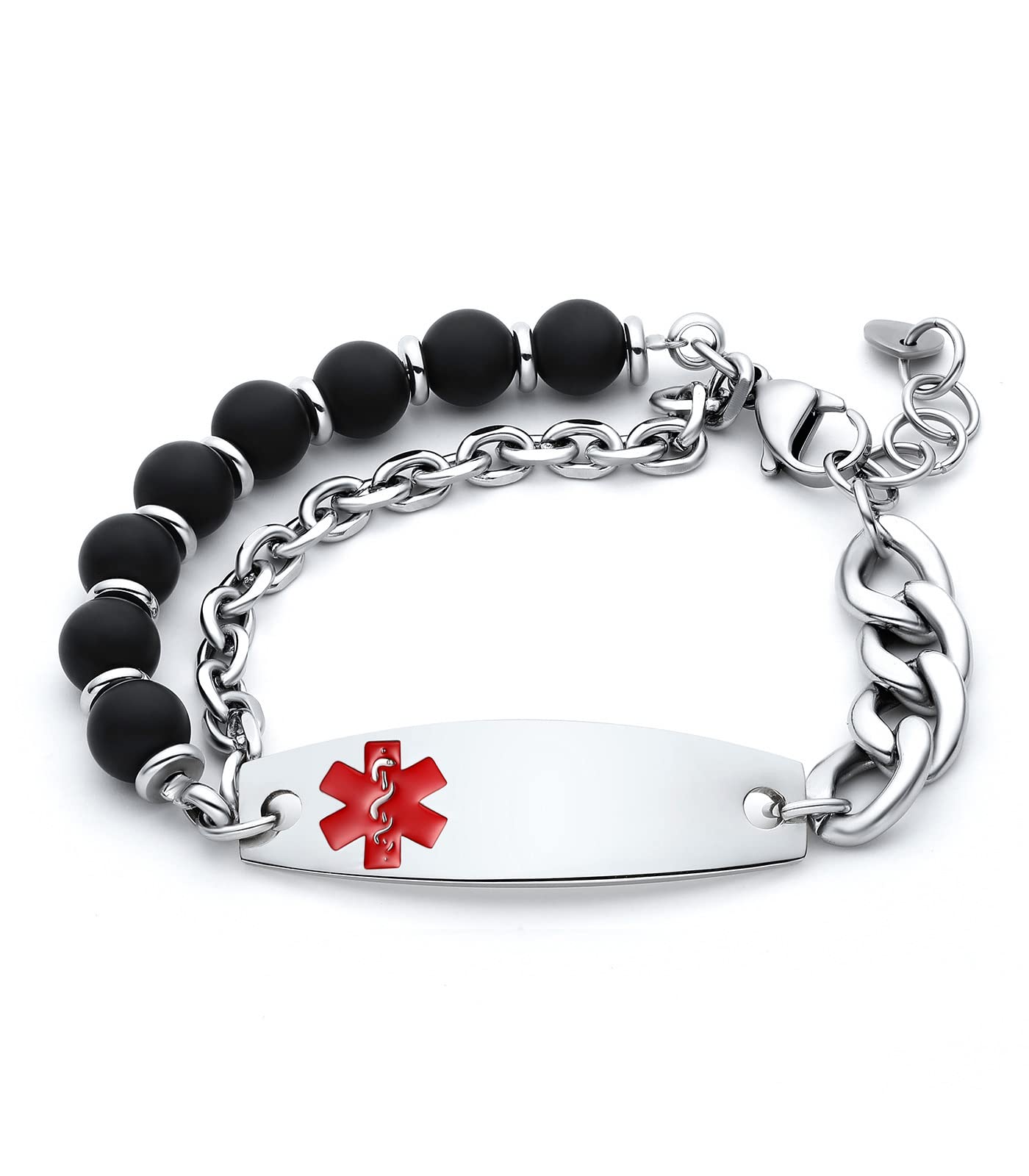 Personalized Medical Alert Bracelets for Women & Men - Free Engraving, Adjustable Stainless Steel Matte Agate Tiger Eye Stone Beaded 2-Layer Medical ID Bracelet | Ideal for Emergency Health Identification & Daily Wear