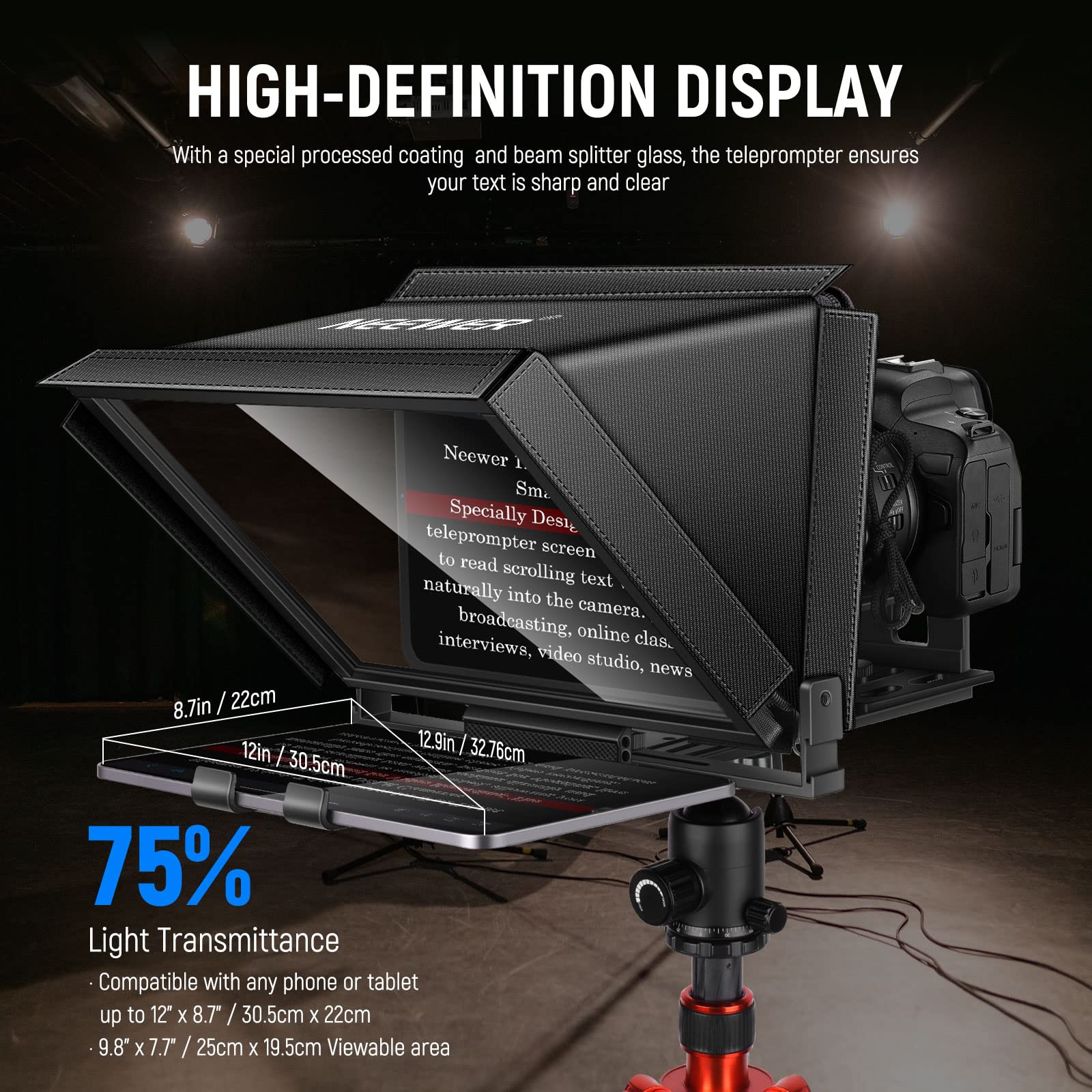 NEEWER X12 14-inch Aluminum Alloy Teleprompter for iPad, Tablet & Smartphone - Remote Control Included with Carry Case - iOS/Android Compatible for Online Teaching, Vlogging, Live Streaming & Video Conferencing