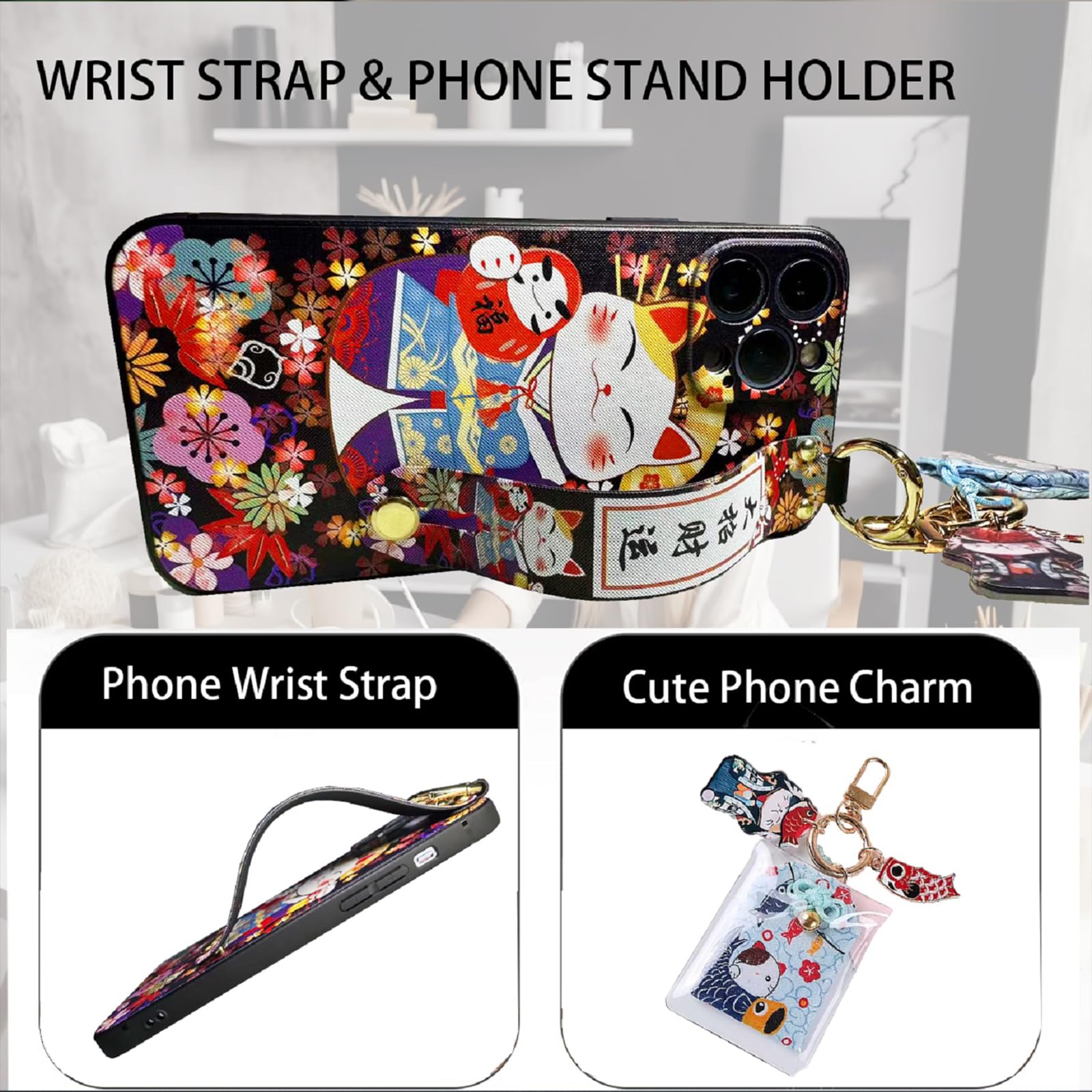 Luxury Cute Japanese Lucky Cat Glitter Soft Silicone Phone Case for iPhone 12 Pro Max (6.7 inch) with Wrist Strap & Phone Lanyard - Black | Perfect for Daily Use, Travel & Gift Giving