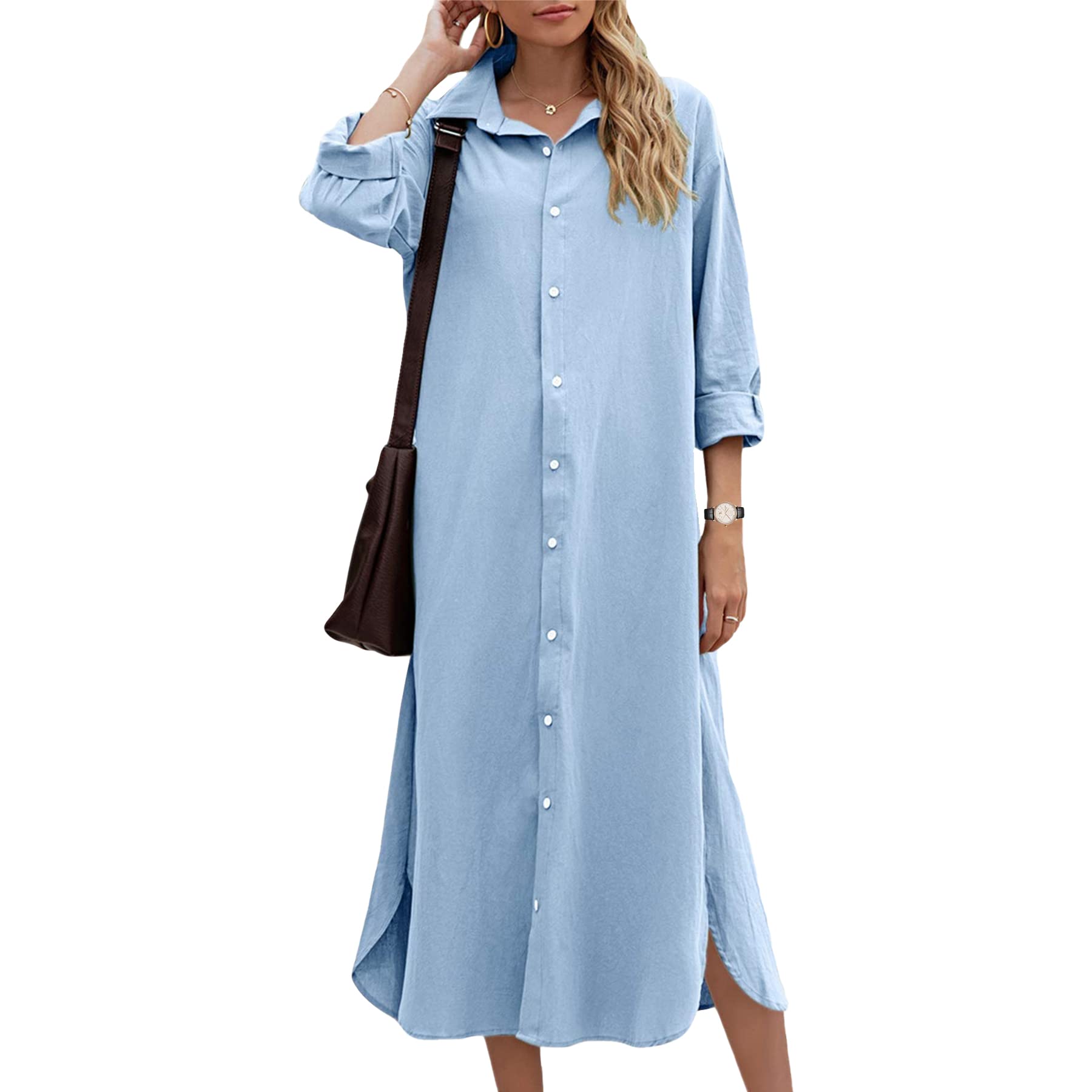 WERLIKE Women's Cotton Linen Lapel Shirt Dress - Long Sleeve Button Down T-Shirt Dress for Casual Wear, Loose Fit Maxi Dress | Perfect for Office, Date Night & Summer Outings