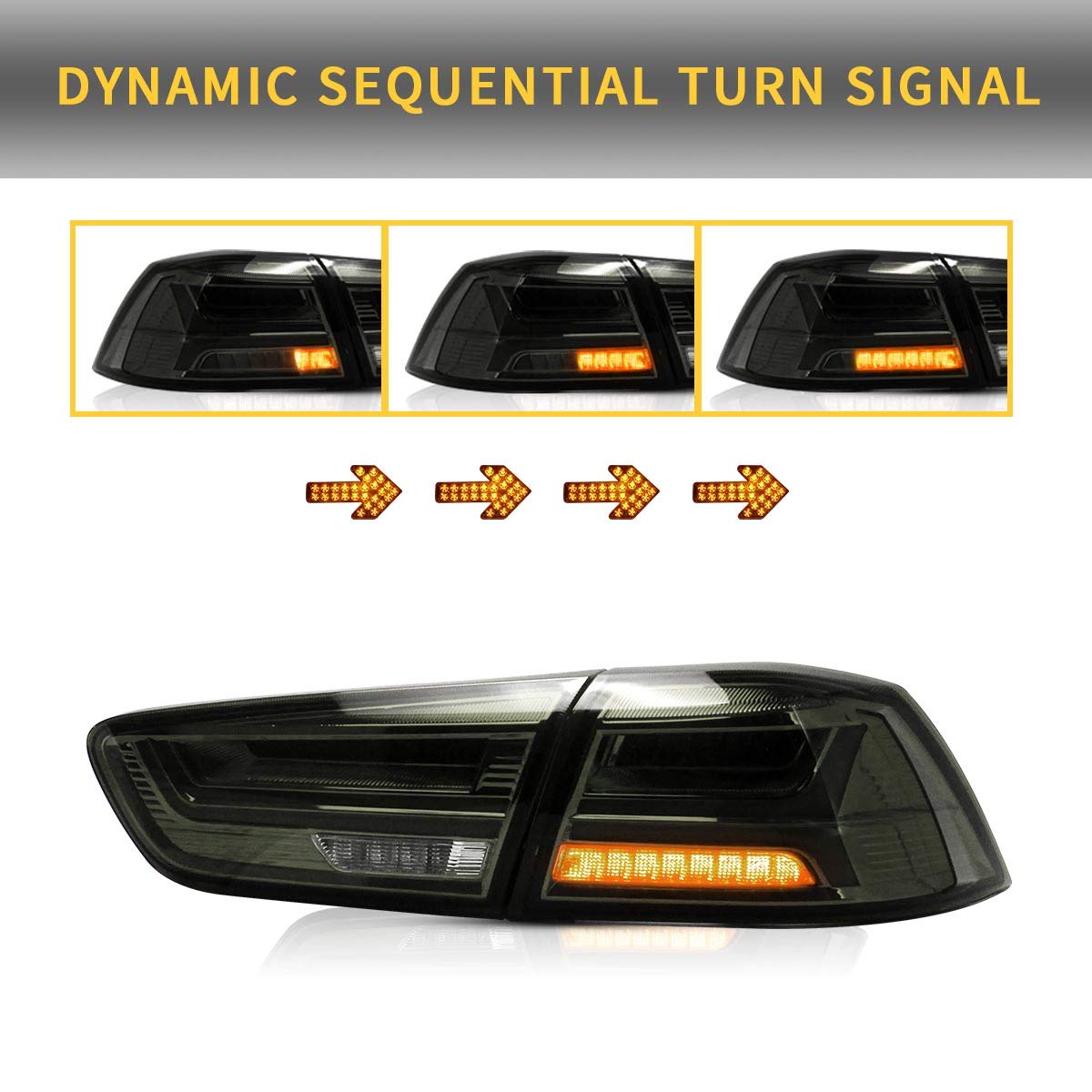 YUANZHENG Full LED Tail Lights Assembly for Mitsubishi Lancer EVO X Sedan 2008-2018 - Smoked Lens Sequential Turn Signal Rear Lamps (YAB-YS-0155BH) - Driver & Passenger Side Replacement - Perfect for Night Driving & Car Customization