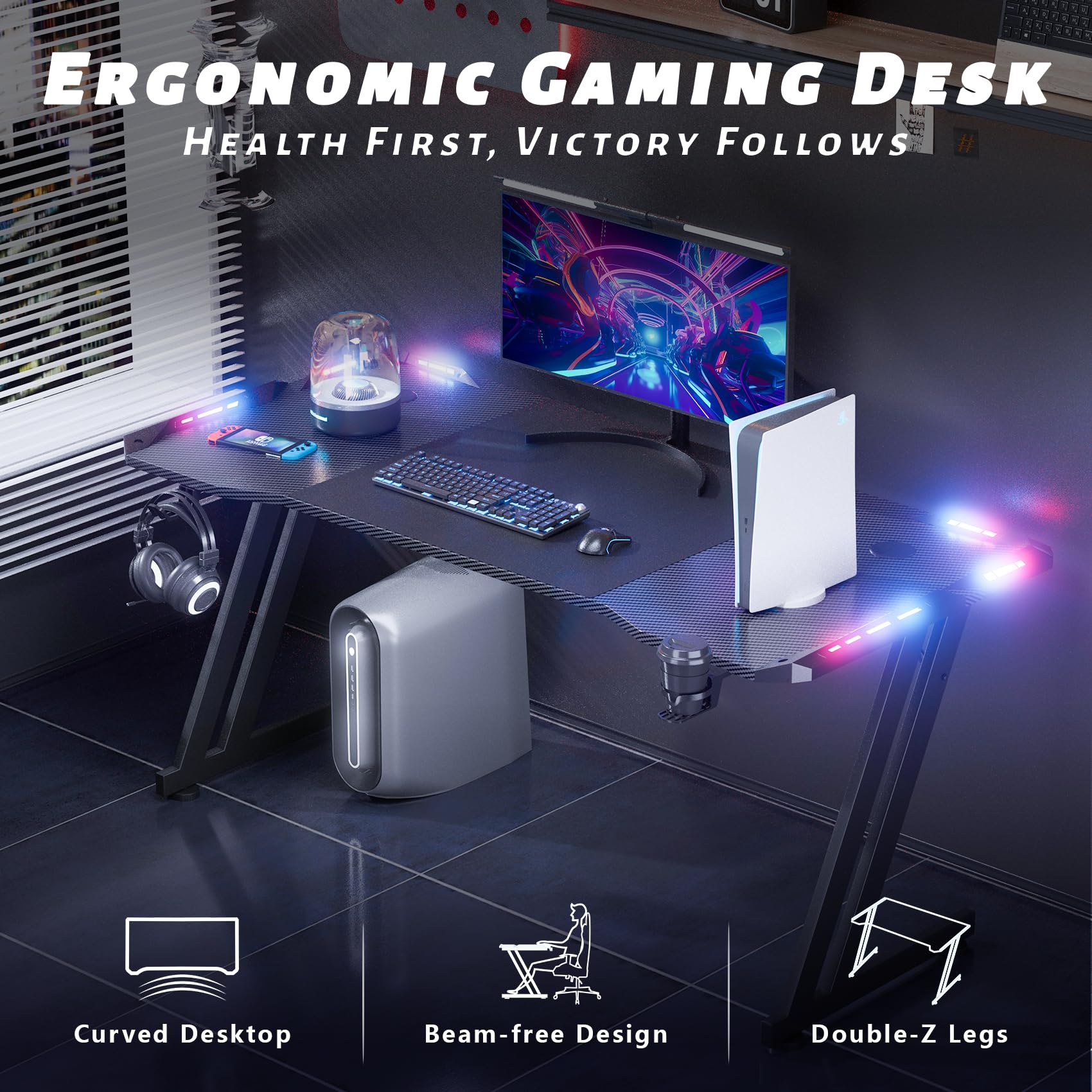 HLDIRECT 47 Inch LED Gaming Desk with Carbon Fiber Surface - Ergonomic Z-Shaped Computer Desk for Home Office | Cup Holder & Headphone Hook | Perfect for PC Gaming, Streaming & Workstations