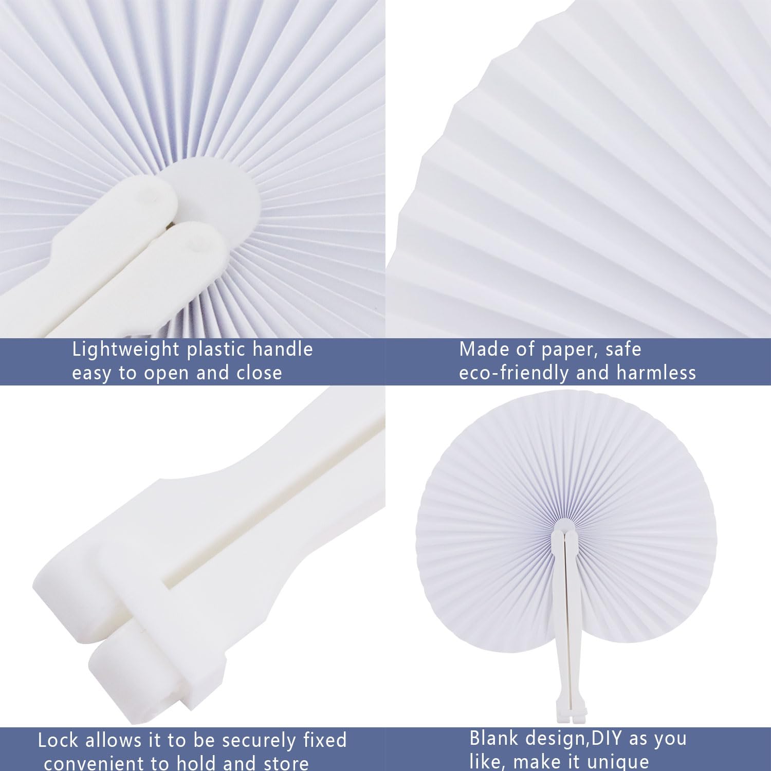 ZWIN 48 Pack White Blank Paper Fans with Plastic Handle - Bulk Wedding Party Favor, Guest Celebration Decoration, DIY Craft Fan for Bridal Shower, Birthday, Baby Shower & Summer Events