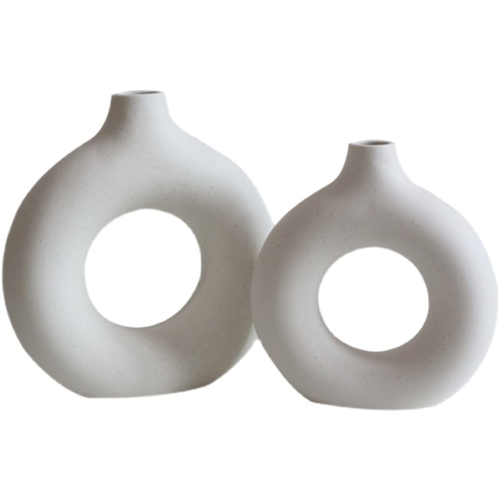 Nordic Ceramic Donut Vase Set of 2 - Modern Hollow Circular Flower Pot for Home Office Decor, White - Perfect for Living Room Centerpiece, Wedding Decor & Housewarming Gifts