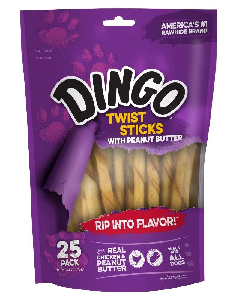 Dingo Twist Sticks with Peanut Butter - Natural Rawhide Dog Chews for Small, Medium & Large Breeds (25 Count) | Dental Health Treats for Aggressive Chewers & Training Rewards