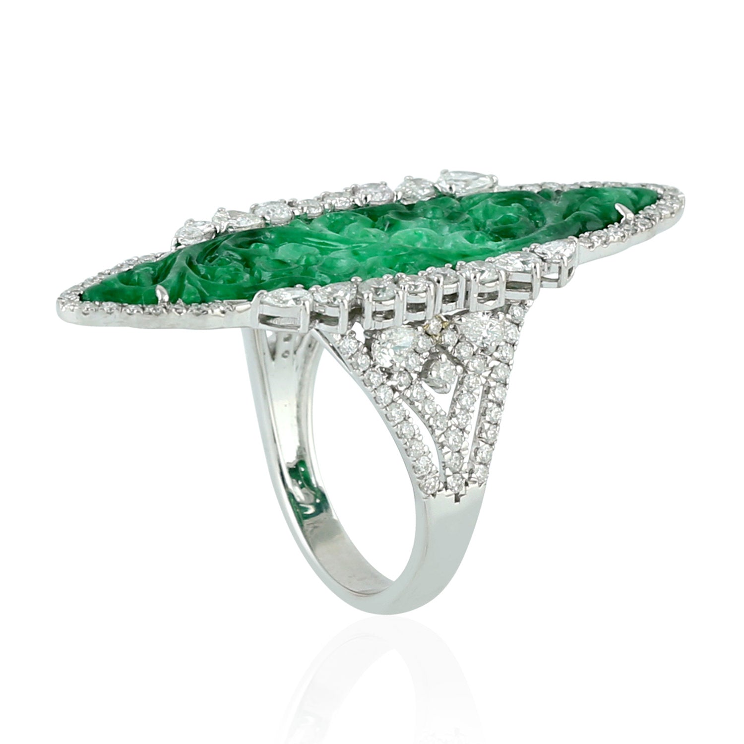 Exquisite 18K White Gold Marquise Cut Jade & Rose Cut Diamond Hand-Carved Long Ring for Women | Elegant Statement Jewelry for Weddings, Anniversaries & Special Occasions