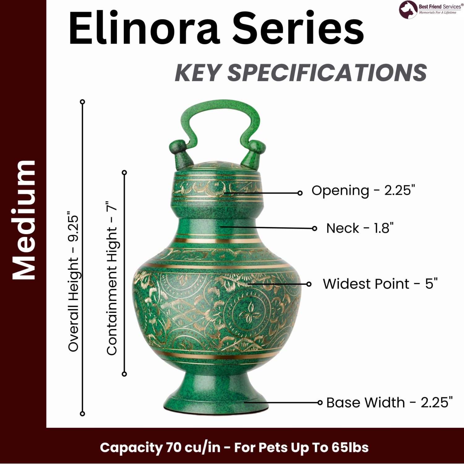 Elinora Hand Carved Brass Pet Urn for Dogs and Cats - Medium Size with Patina Finish, Perfect for Pet Ashes Memorial and Home Display