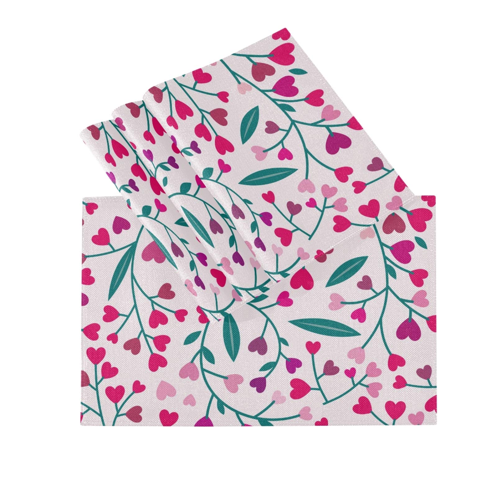 Valentine's Day Heart-Shaped Flower Placemats Set of 4 - Non-Slip Vinyl Table Mats for Dining Table & Kitchen Decor (12