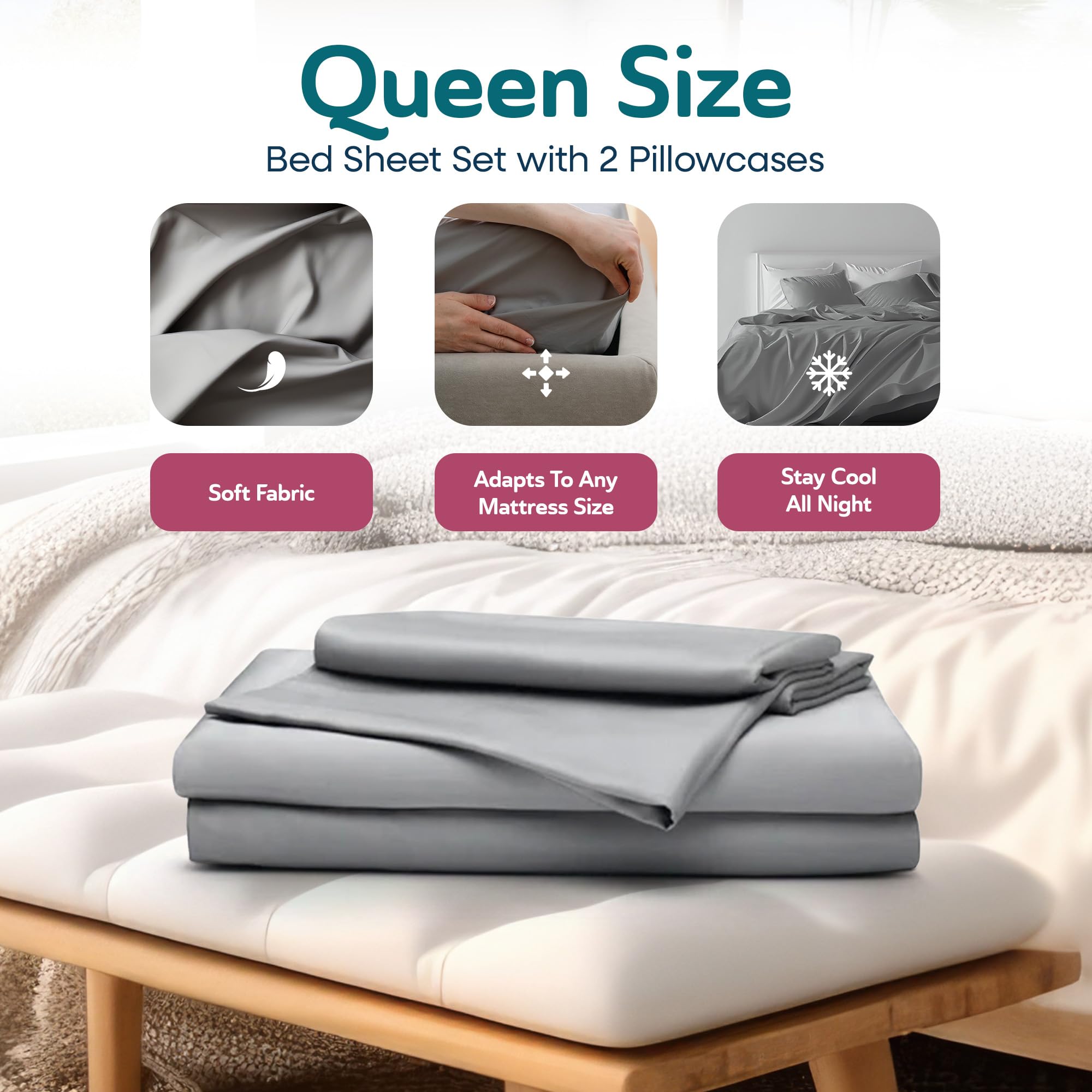 Sleepgram Viscose Fiber Queen Size Sheet Set - 4 Piece Bedding with Flat Sheet, Fitted Sheet & 2 Pillowcases - Breathable & Soft for Comfortable Sleep - Grey Stone - Perfect for Master Bedroom, Guest Room & Vacation Homes