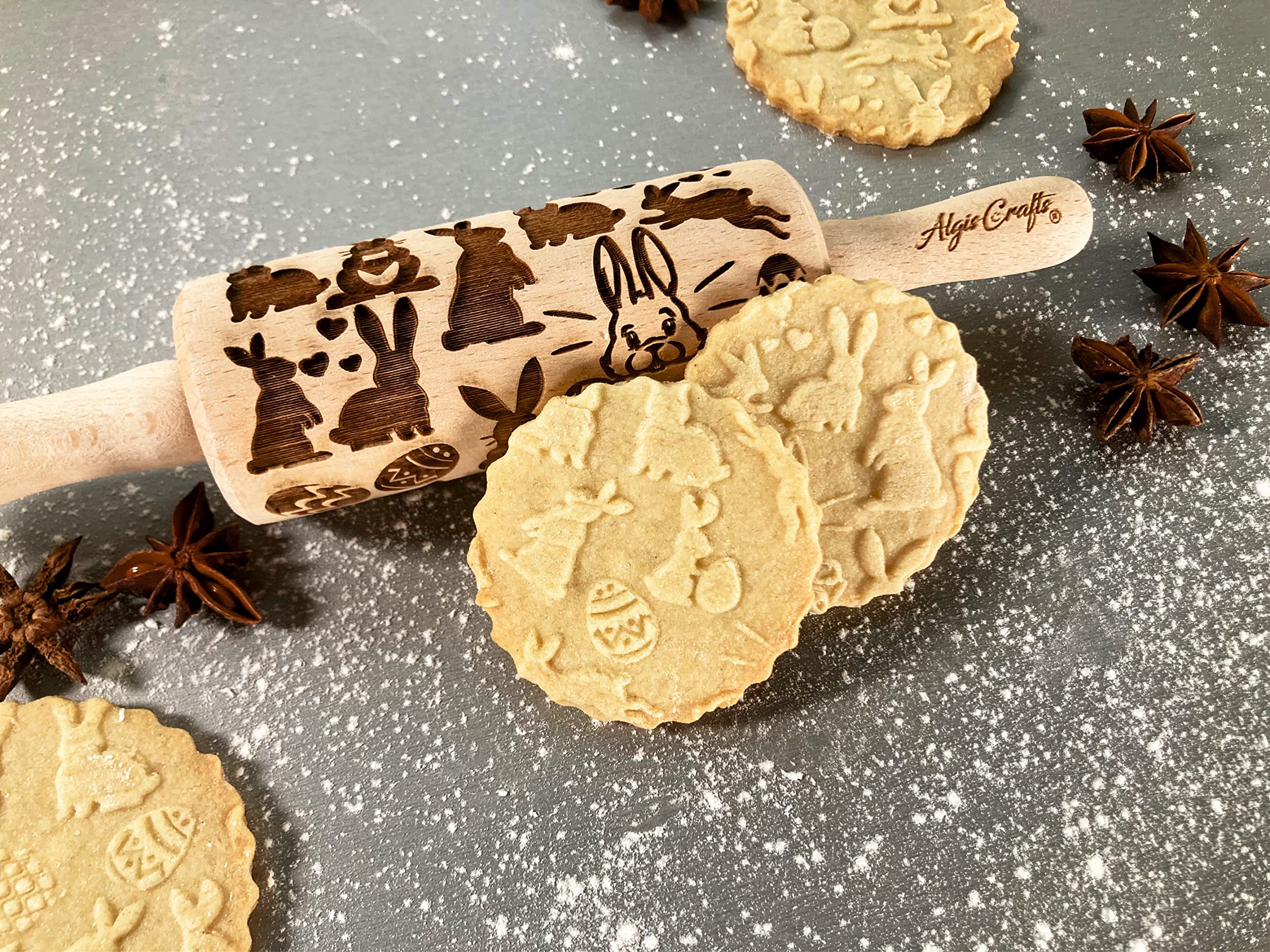 EASTER 3 Mini Embossed Rolling Pin Set - Wooden Laser Cut Cookie Rolling Pins for Easter Baking (Rabbit, Egg, Chicken, Spring Flowers Design) - Perfect for Holiday Cookies, DIY Crafts & Gift Giving by Algis Crafts