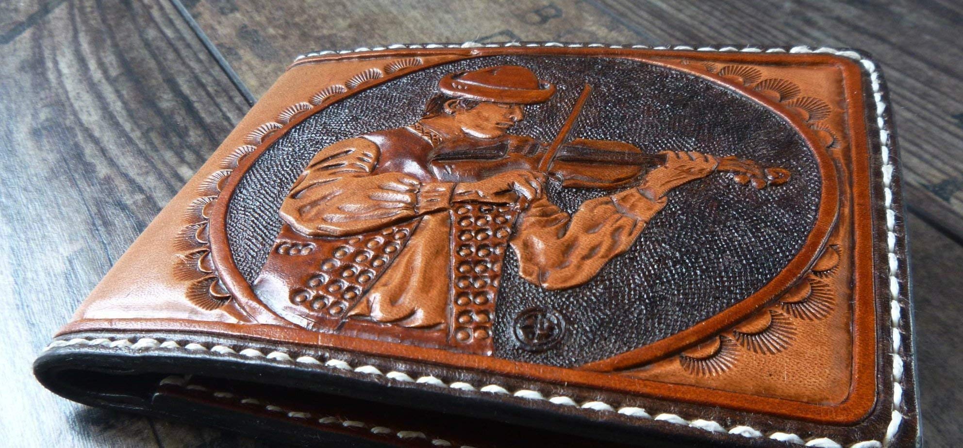 Sheridan Style RFID Men's Bifold Wallet - Genuine Leather Embossed Violin Floral Design - Perfect Gift for Violinists & Music Lovers - Handmade Custom Biker Wallet with Airbrush Art - Ideal for Concerts, Date Nights & Everyday Use