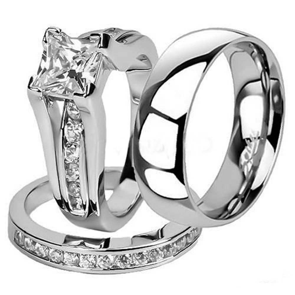 His and Hers Stainless Steel Princess Cut Wedding Ring Set - Classic Matching Wedding Bands for Couples - Perfect for Anniversaries, Engagements, and Romantic Occasions