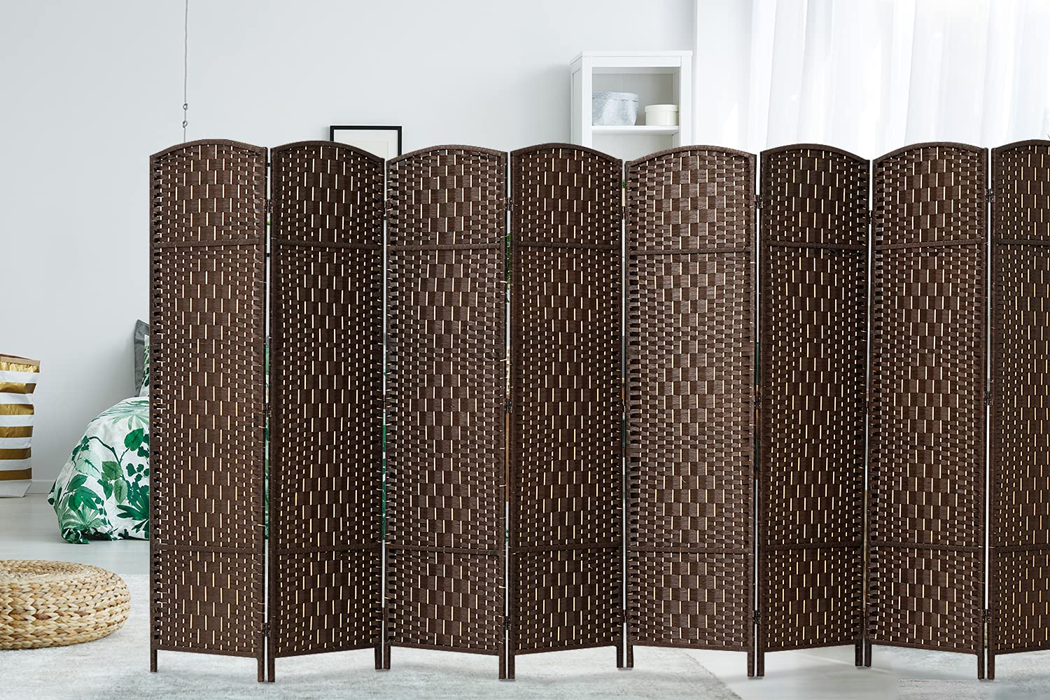 6 ft. Tall Extra Wide Freestanding Room Divider - Diamond Woven Fiber Privacy Screen, Foldable Panel Partition Wall for Home Office, Bedroom & Studio | Hinged Room Dividers with Modern Design