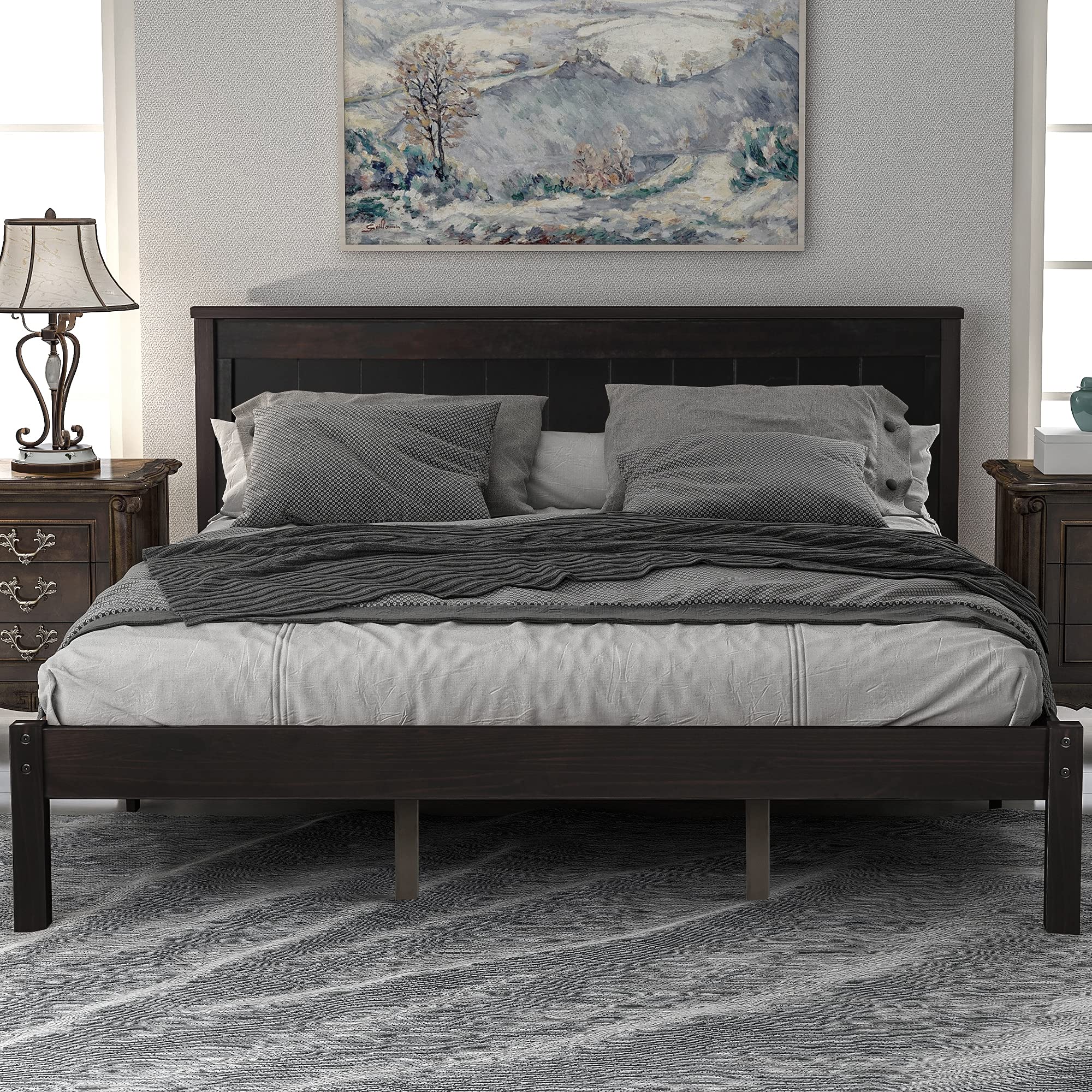 JULYFOX Queen Platform Bed Frame - Heavy Duty 400lb, Espresso Finish for Bedroom