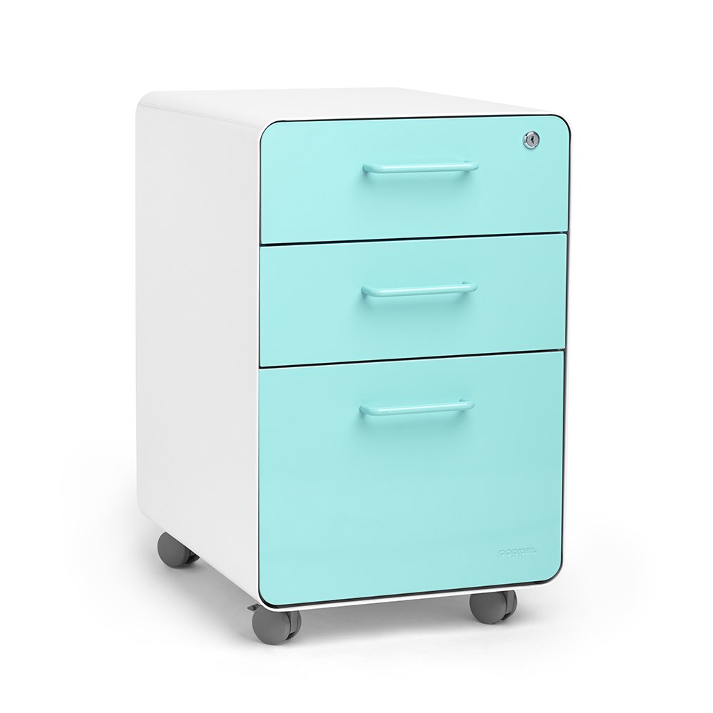 Poppin Stow 3-Drawer Rolling File Cabinet - White & Aqua | 2 Utility Drawers & 1 Hanging File Drawer | Locking & Non-Locking Wheels | Powder-Coated Steel | Office Organization & Document Storage Solution