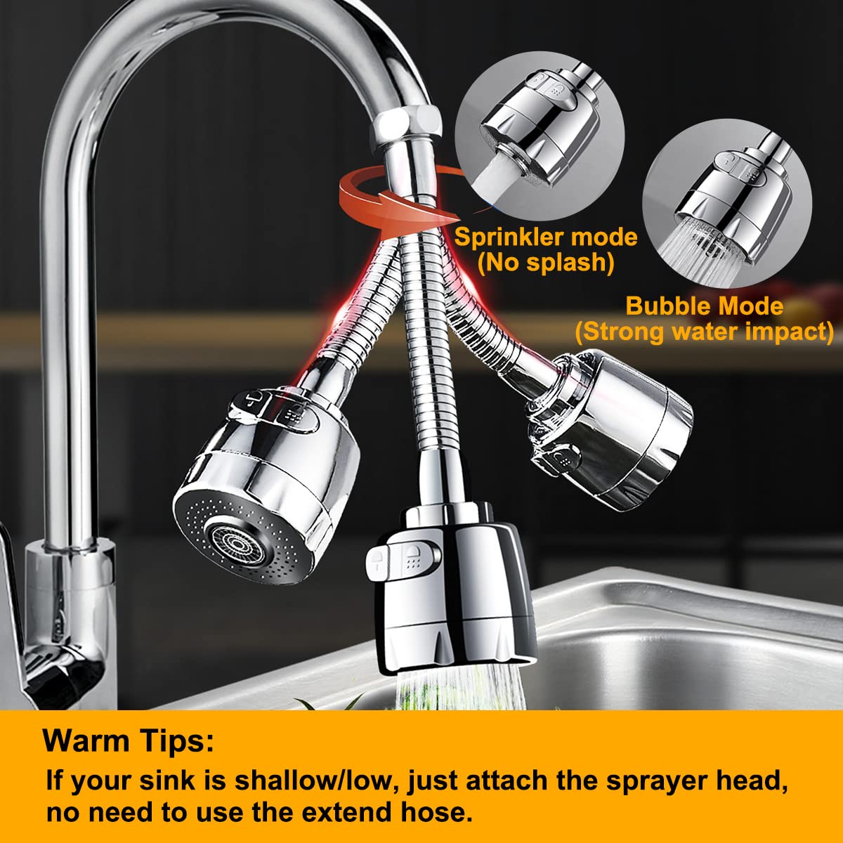 360° Flexible Kitchen Faucet Spray Head - 2 Mode Adjustable Water Saving Tap Nozzle with Removable Filter | Perfect for Washing Dishes, Cleaning Sinks & Filling Pots